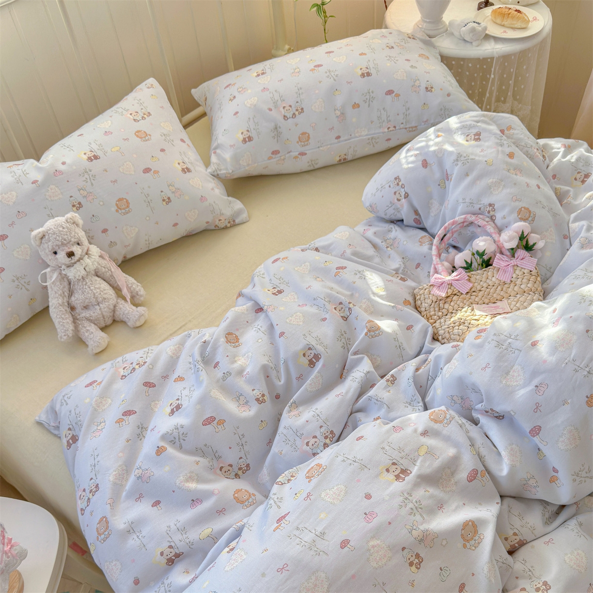 91家纺网 家纺一手货源 找家纺 名兮家居 2026春夏新款全棉纯棉A类双层纱四件套 双层纱-竹林派对