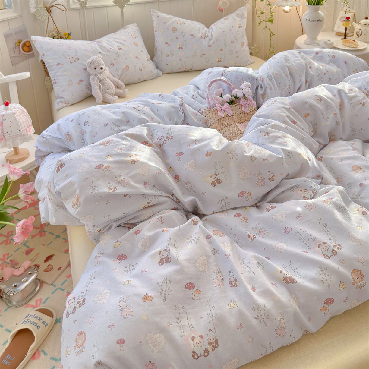 91家纺网 家纺一手货源 找家纺 名兮家居 2026春夏新款全棉纯棉A类双层纱四件套 双层纱-竹林派对