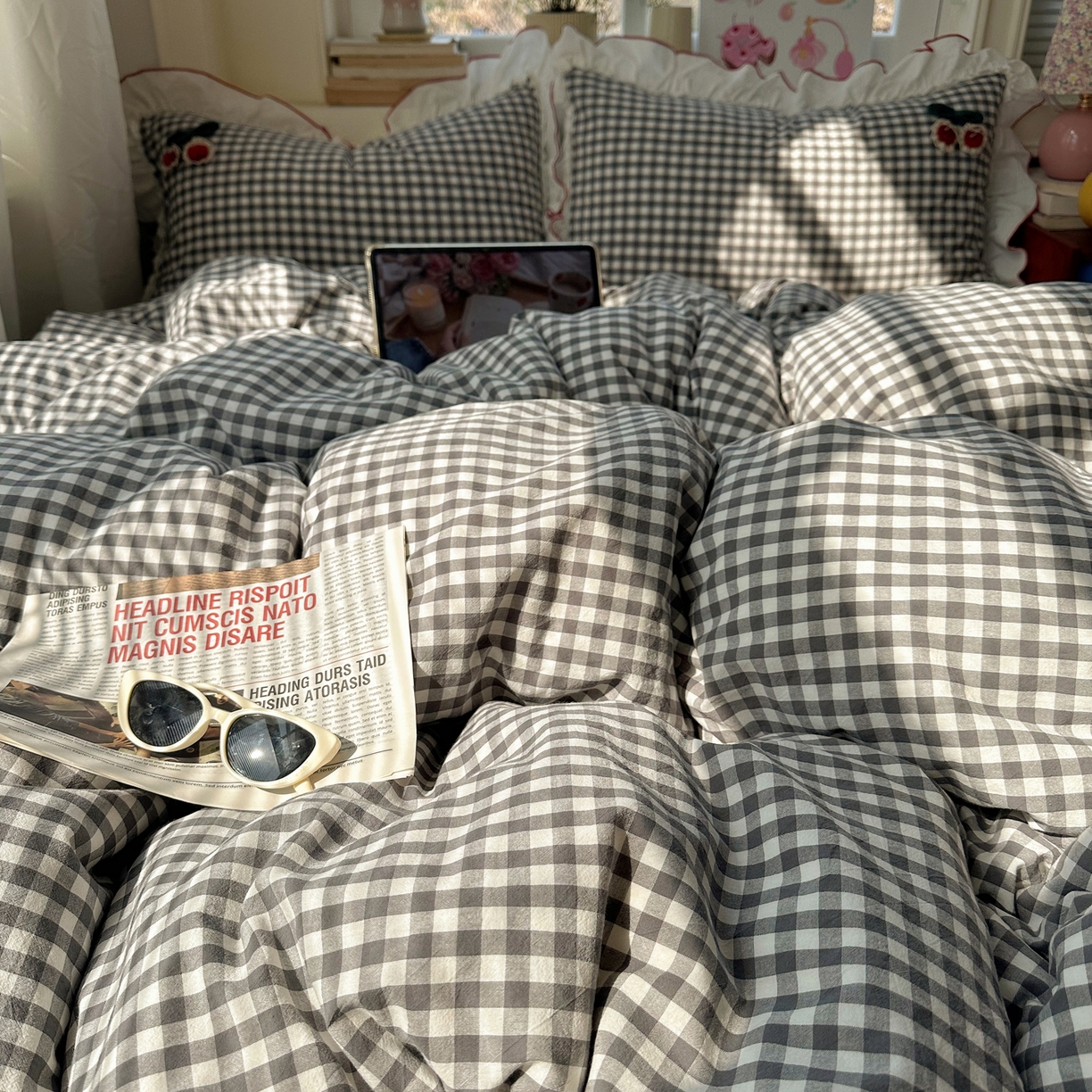 91家纺网 家纺一手货源 找家纺 （总）首尔家纺 2026新款全棉色织水洗棉四件套花边款小红书ins风-樱桃可露丽