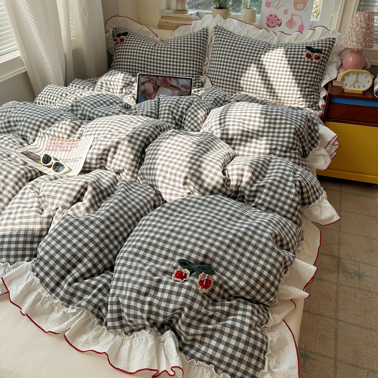 91家纺网 家纺一手货源 找家纺 （总）首尔家纺 2026新款全棉色织水洗棉四件套花边款小红书ins风-樱桃可露丽