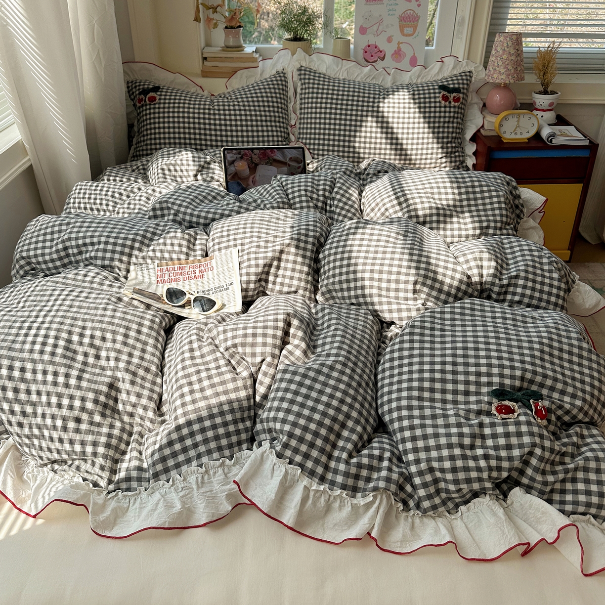 91家纺网 家纺一手货源 找家纺 （总）首尔家纺 2026新款全棉色织水洗棉四件套花边款小红书ins风-樱桃可露丽