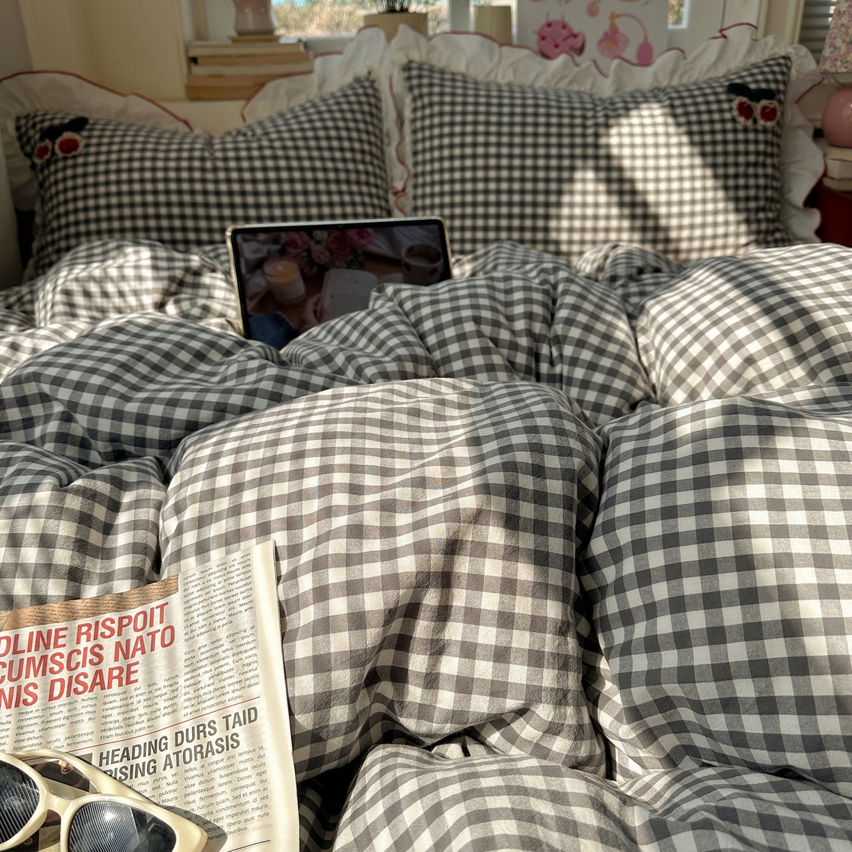 91家纺网 家纺一手货源 找家纺 （总）首尔家纺 2026新款全棉色织水洗棉四件套花边款小红书ins风-樱桃可露丽