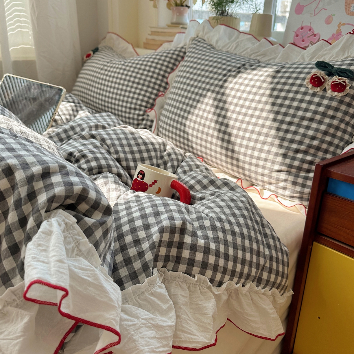 91家纺网 家纺一手货源 找家纺 （总）首尔家纺 2026新款全棉色织水洗棉四件套花边款小红书ins风-樱桃可露丽