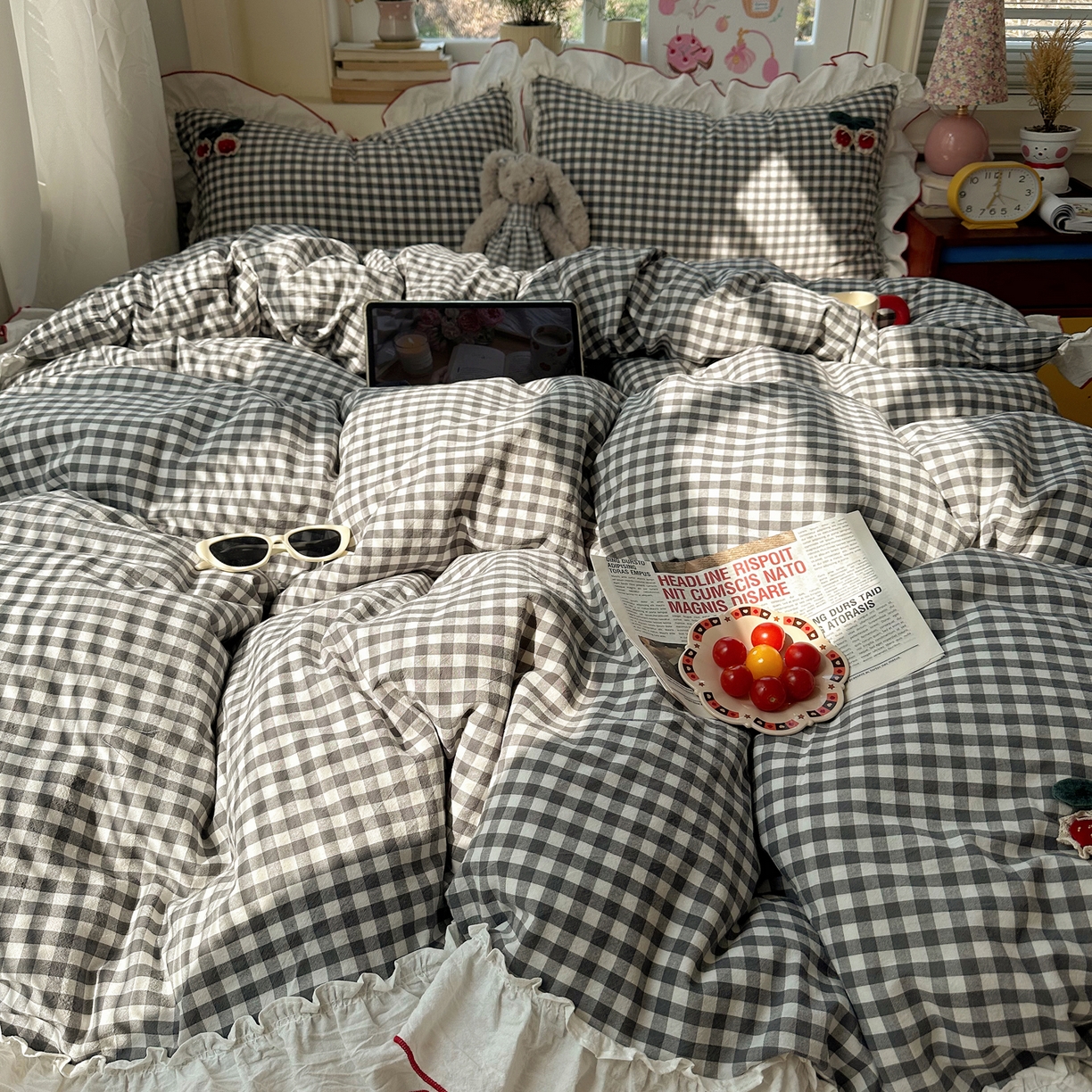 91家纺网 家纺一手货源 找家纺 （总）首尔家纺 2026新款全棉色织水洗棉四件套花边款小红书ins风-樱桃可露丽