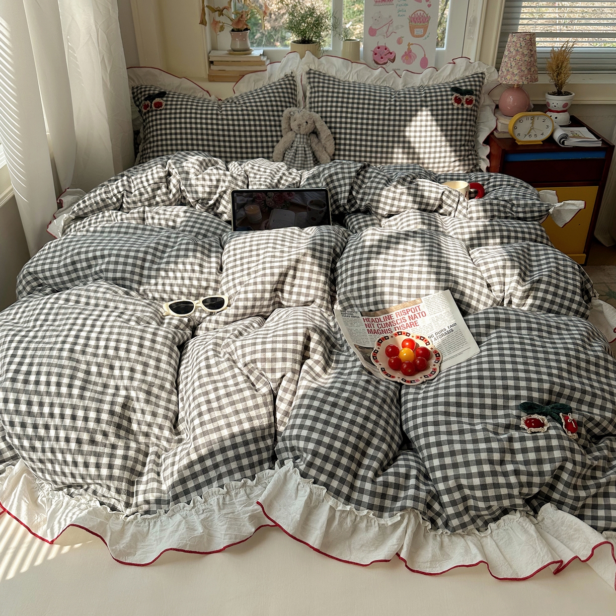 91家纺网 家纺一手货源 找家纺 （总）首尔家纺 2026新款全棉色织水洗棉四件套花边款小红书ins风-樱桃可露丽