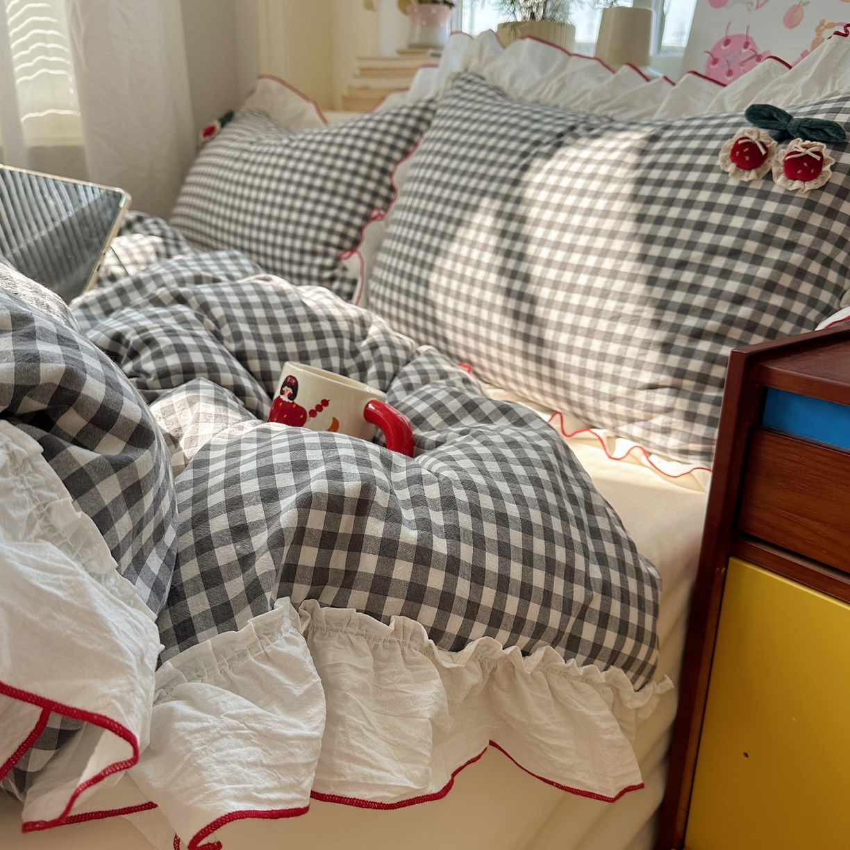 91家纺网 家纺一手货源 找家纺 （总）首尔家纺 2026新款全棉色织水洗棉四件套花边款小红书ins风-樱桃可露丽