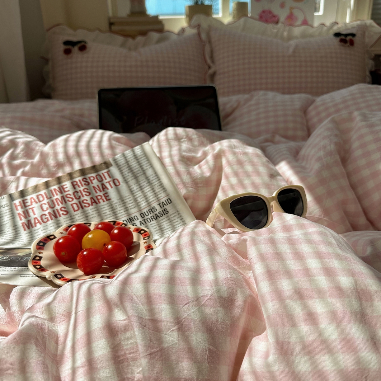 91家纺网 家纺一手货源 找家纺 首尔家纺 2026新款全棉色织水洗棉四件套花边款小红书ins风-樱桃可露丽 樱桃可露丽-粉格