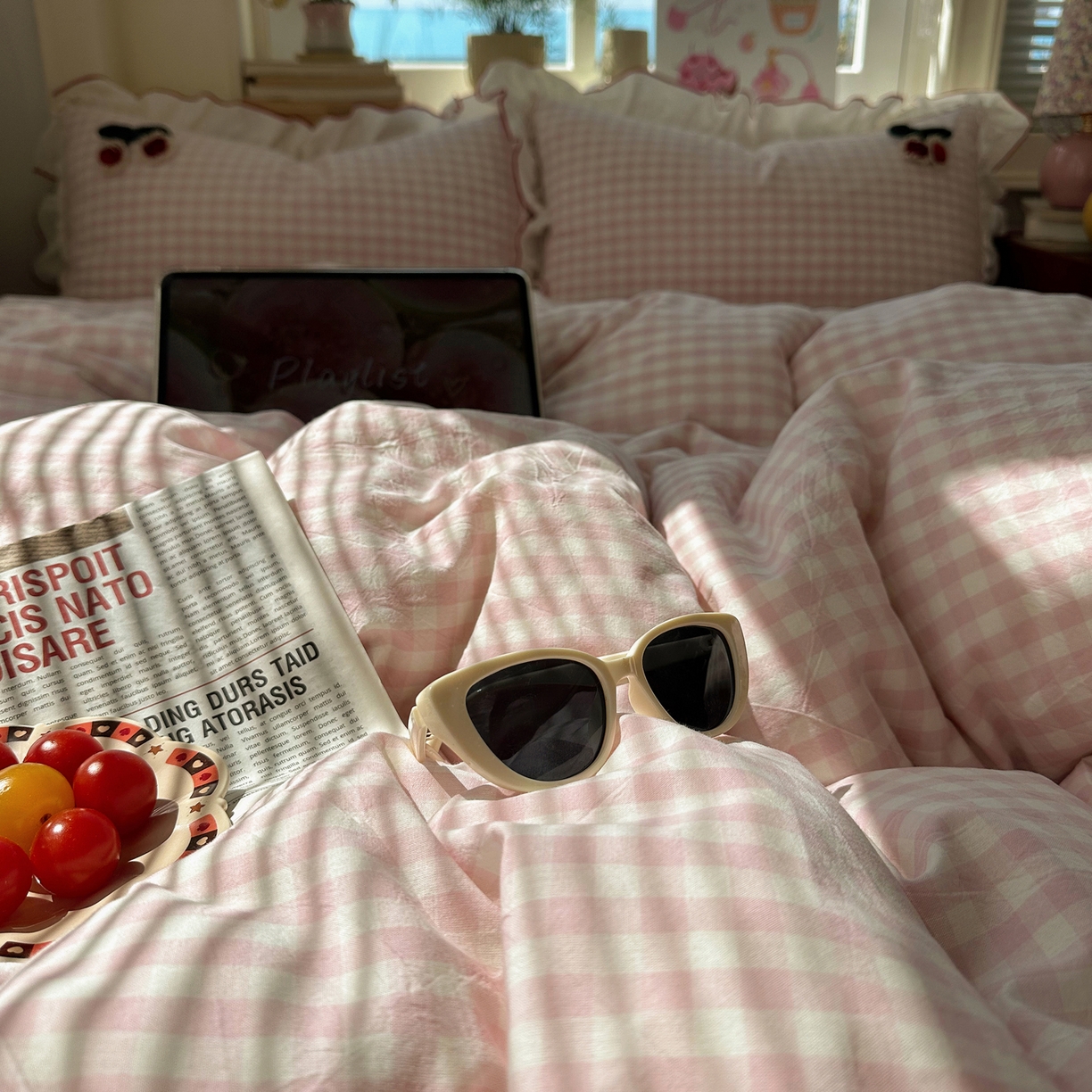 91家纺网 家纺一手货源 找家纺 首尔家纺 2026新款全棉色织水洗棉四件套花边款小红书ins风-樱桃可露丽 樱桃可露丽-粉格