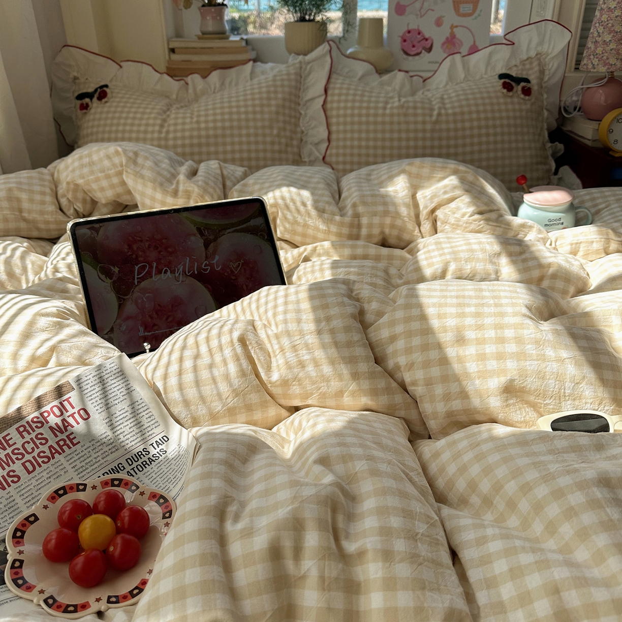 91家纺网 家纺一手货源 找家纺 首尔家纺 2026新款全棉色织水洗棉四件套花边款小红书ins风-樱桃可露丽 樱桃可露丽-黄格