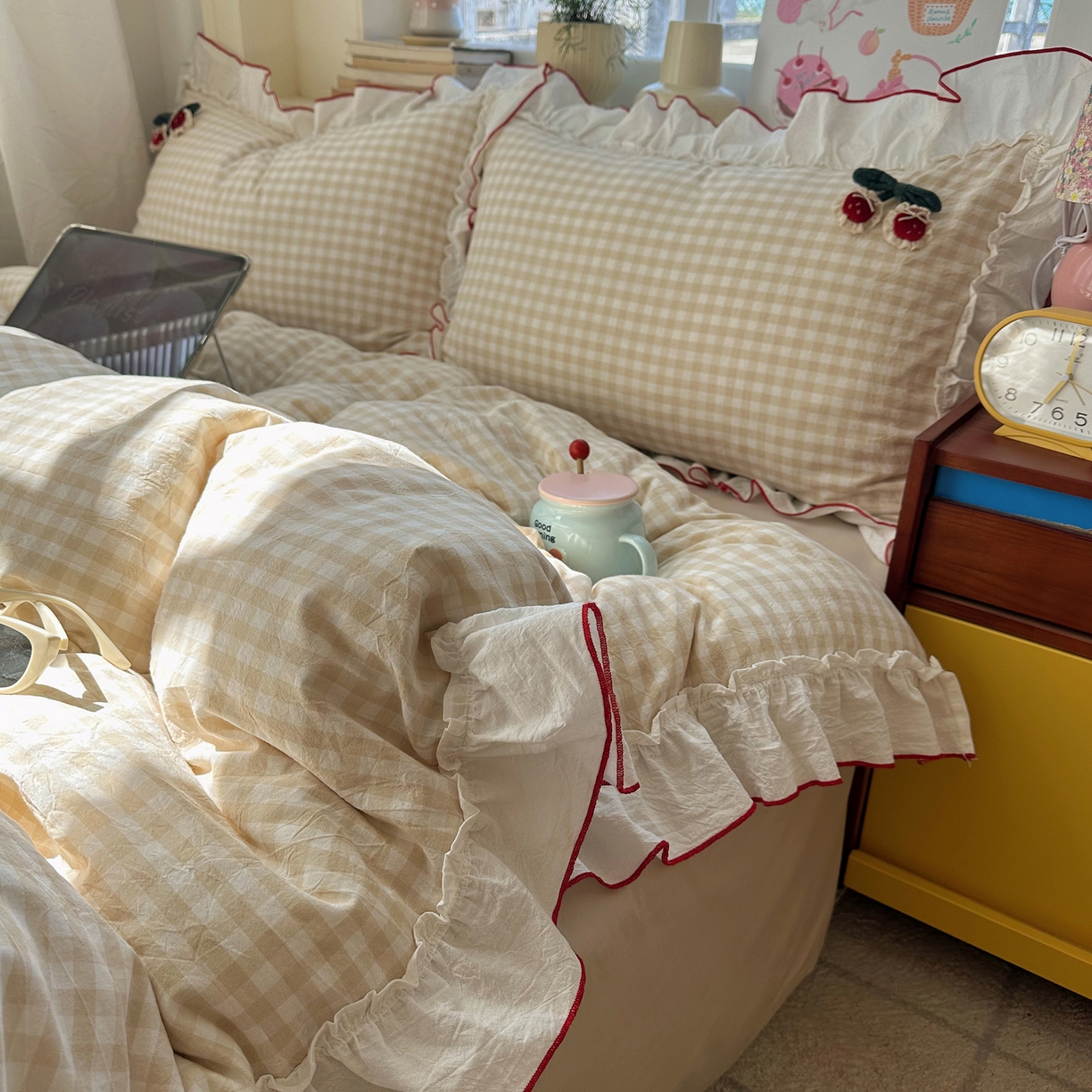 首尔家纺 2026新款全棉色织水洗棉四件套花边款小红书ins风-樱桃可露丽 樱桃可露丽-黄格