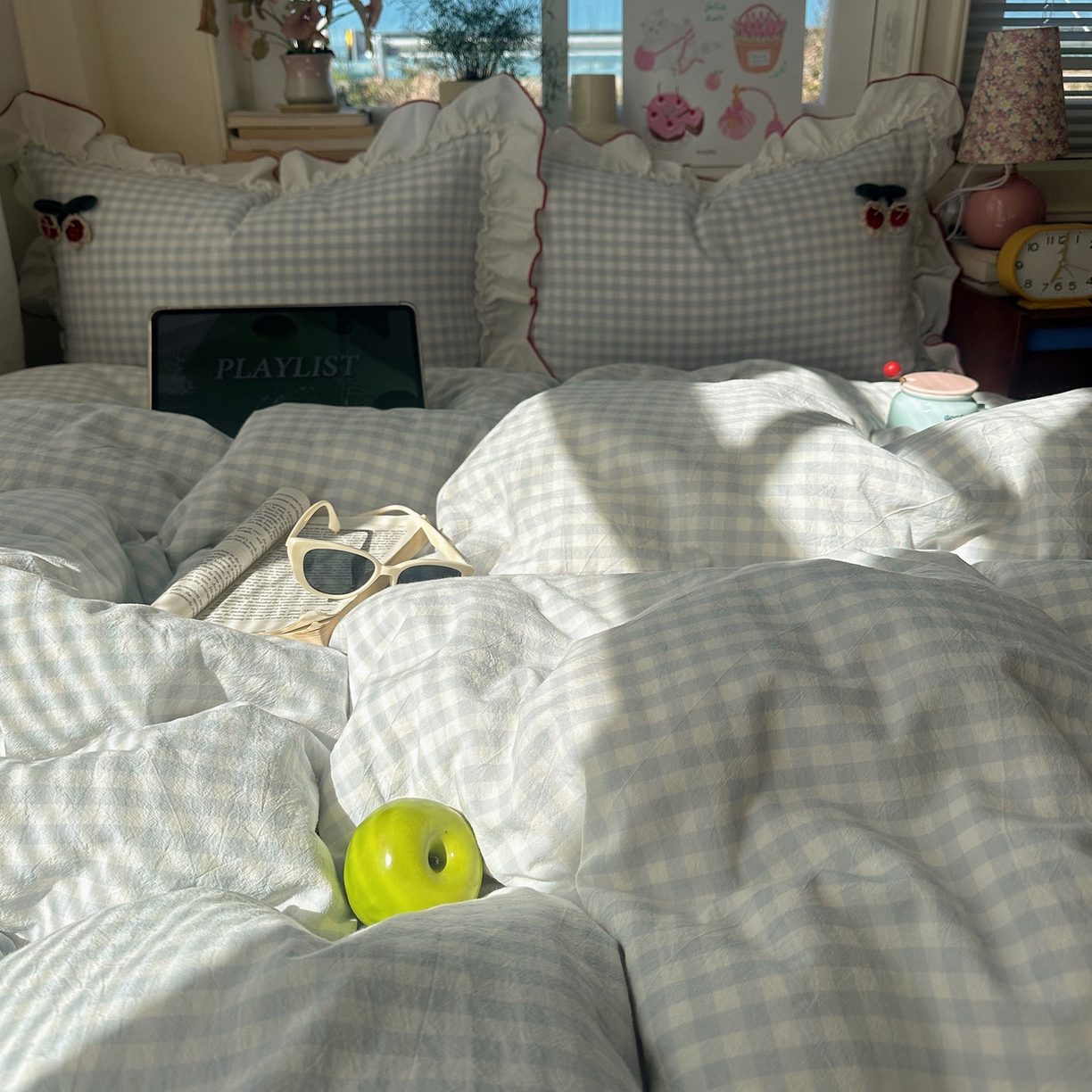 91家纺网 家纺一手货源 找家纺 首尔家纺 2026新款全棉色织水洗棉四件套花边款小红书ins风-樱桃可露丽 樱桃可露丽-蓝格