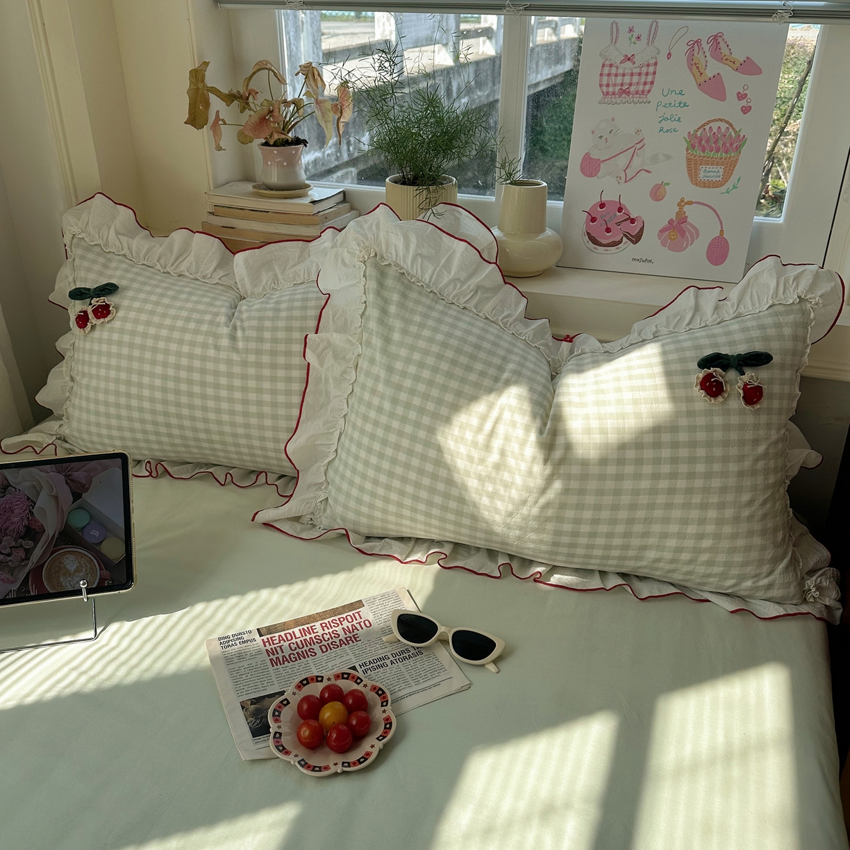 91家纺网 家纺一手货源 找家纺 首尔家纺 2026新款全棉色织水洗棉四件套花边款小红书ins风-樱桃可露丽 樱桃可露丽-绿格