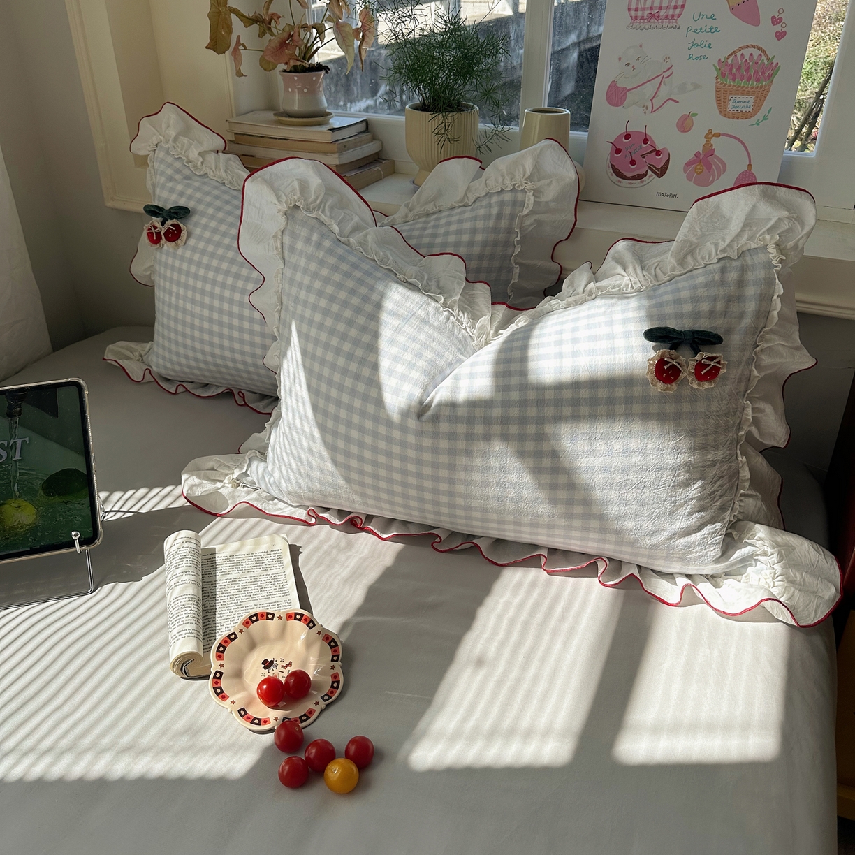 91家纺网 家纺一手货源 找家纺 首尔家纺 2026新款全棉色织水洗棉四件套花边款小红书ins风-樱桃可露丽 樱桃可露丽-蓝格