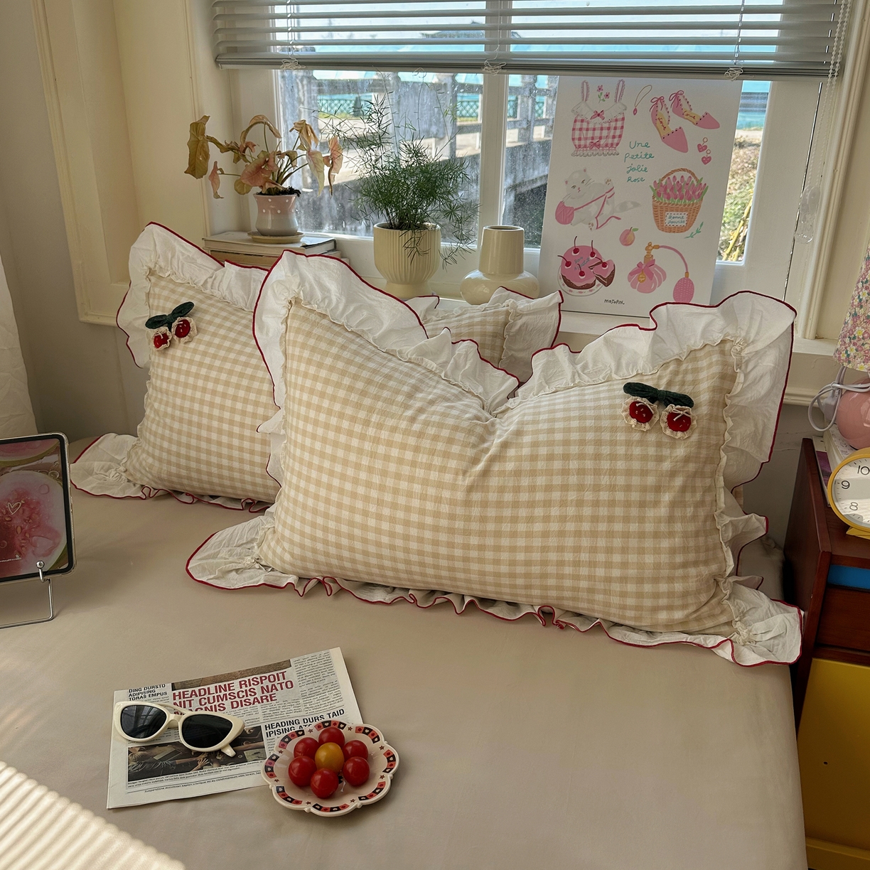 91家纺网 家纺一手货源 找家纺 首尔家纺 2026新款全棉色织水洗棉四件套花边款小红书ins风-樱桃可露丽 樱桃可露丽-黄格