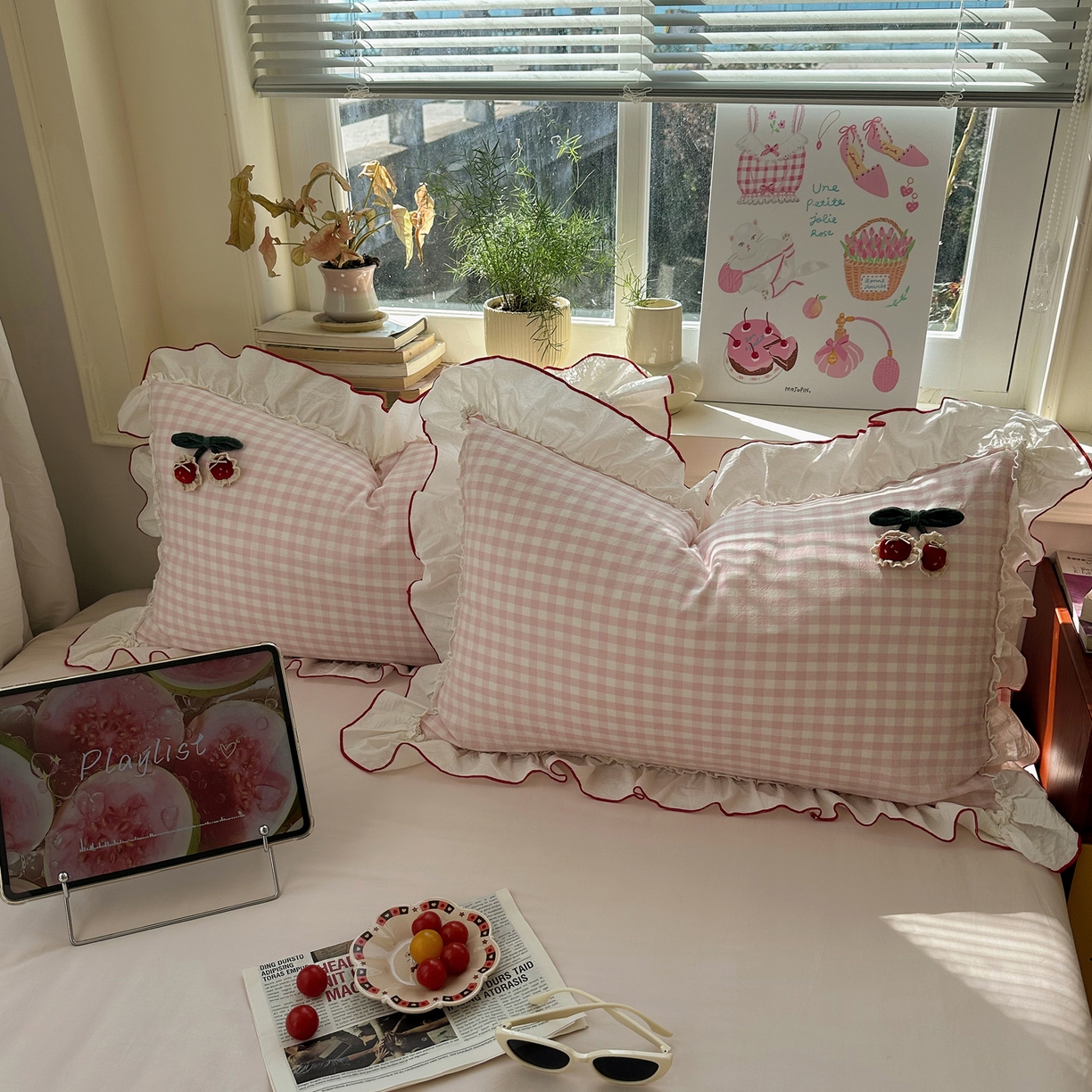 91家纺网 家纺一手货源 找家纺 首尔家纺 2026新款全棉色织水洗棉四件套花边款小红书ins风-樱桃可露丽 樱桃可露丽-粉格