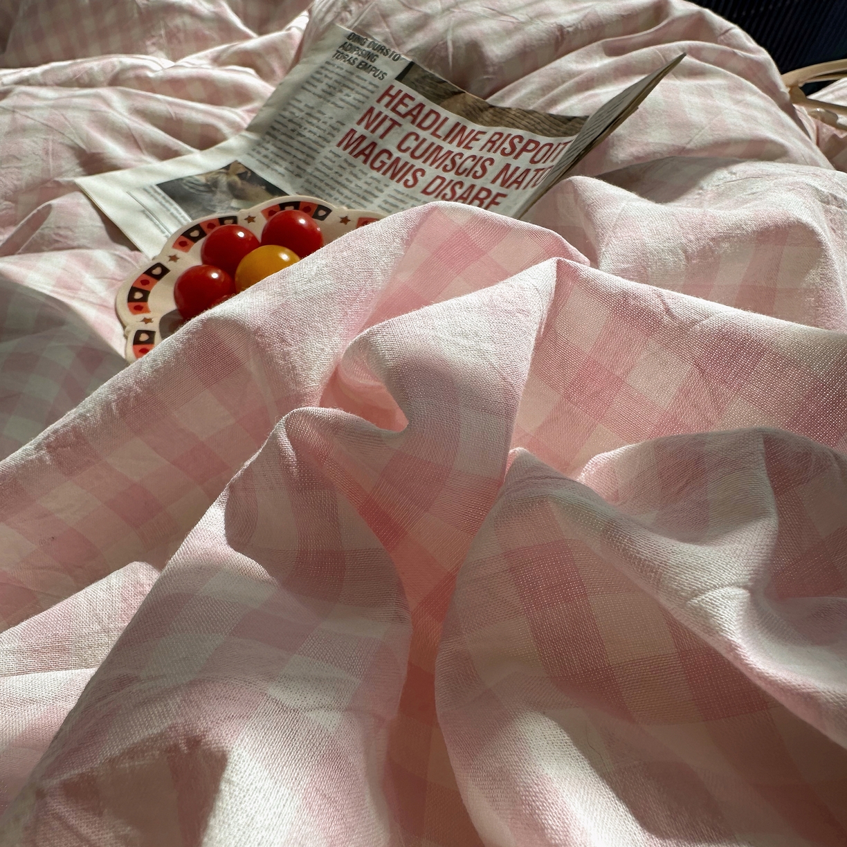 91家纺网 家纺一手货源 找家纺 首尔家纺 2026新款全棉色织水洗棉四件套花边款小红书ins风-樱桃可露丽 樱桃可露丽-粉格