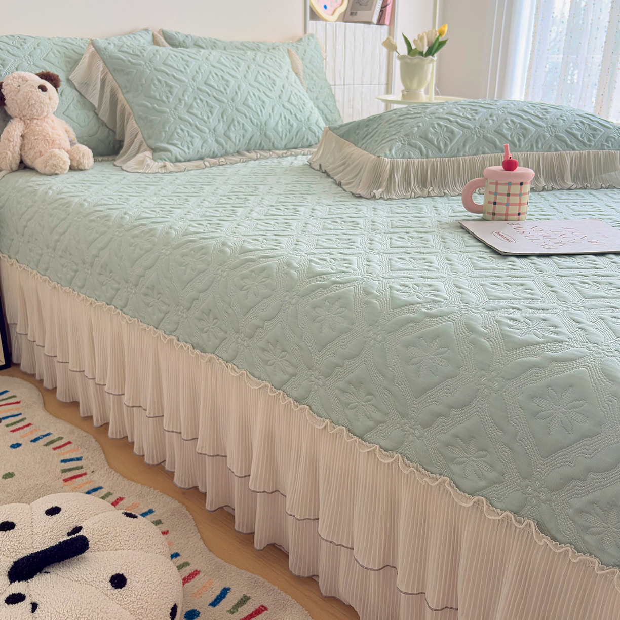 91家纺网 家纺一手货源 找家纺 暖芯家纺 2026新款凉感丝网纱凉席夏被夏凉被空调被四件套 洛芙漫-抹茶绿