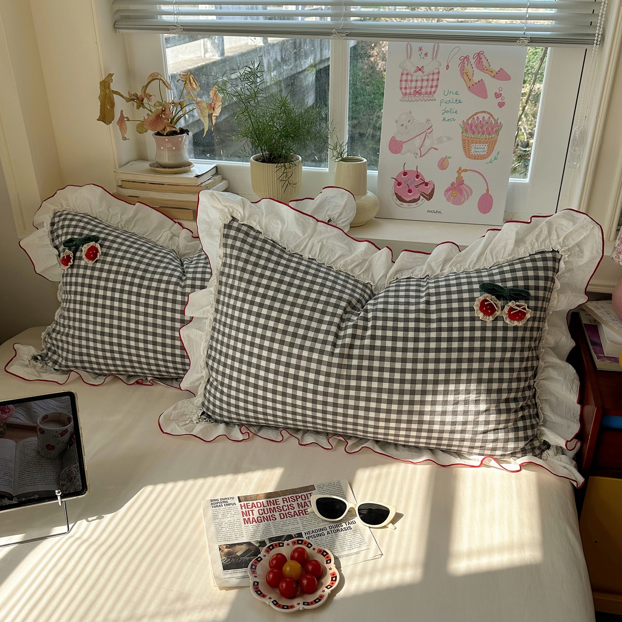 91家纺网 家纺一手货源 找家纺 （总）首尔家纺 2026新款全棉色织水洗棉四件套花边款小红书ins风-樱桃可露丽