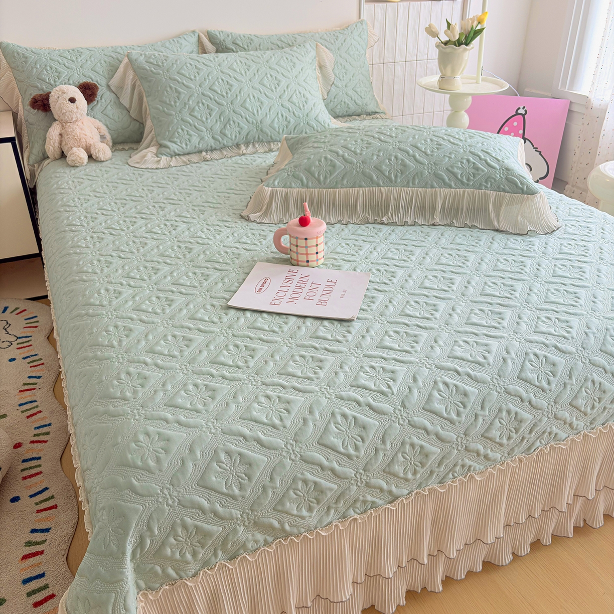 91家纺网 家纺一手货源 找家纺 暖芯家纺 2026新款凉感丝网纱凉席夏被夏凉被空调被四件套 洛芙漫-抹茶绿