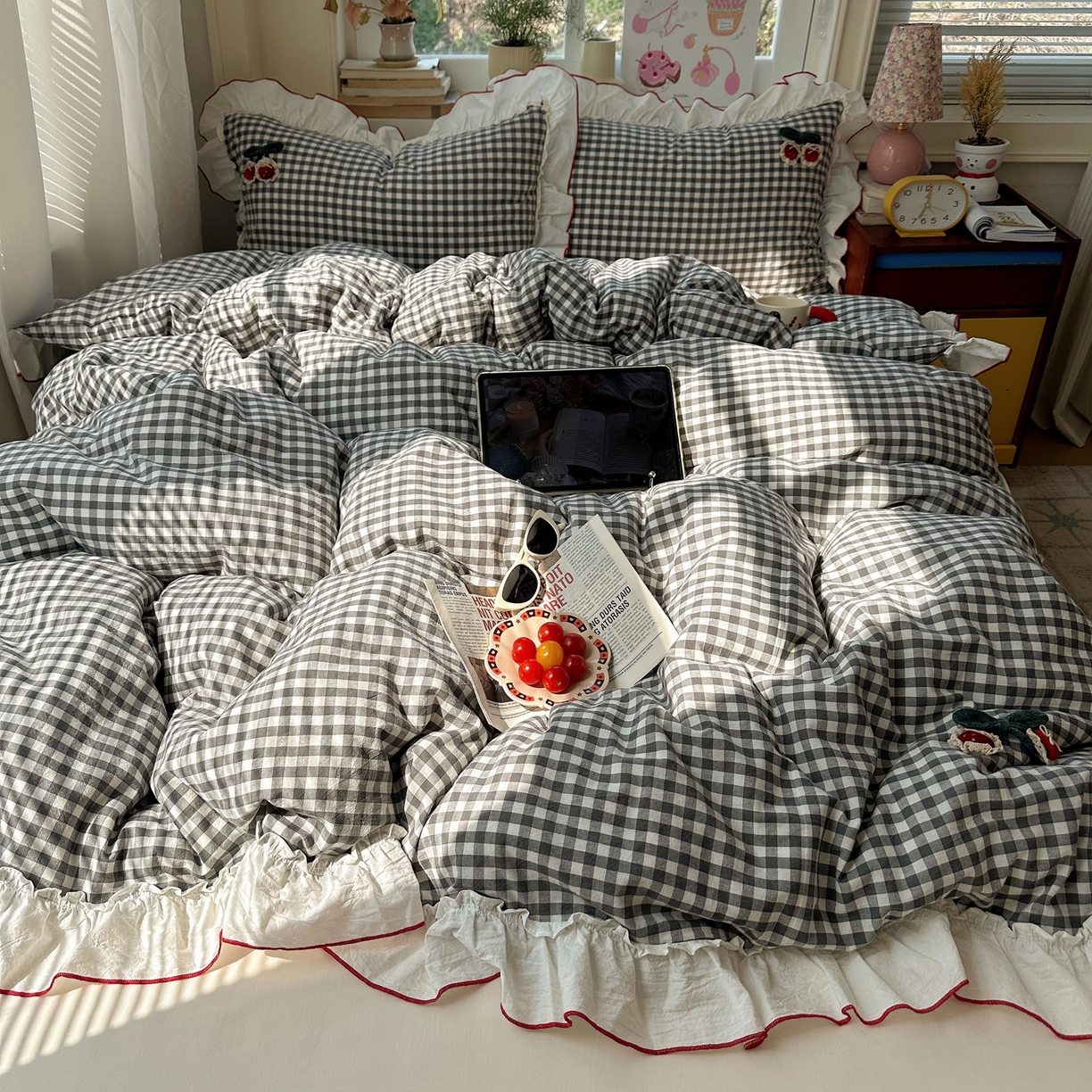 91家纺网 家纺一手货源 找家纺 （总）首尔家纺 2026新款全棉色织水洗棉四件套花边款小红书ins风-樱桃可露丽