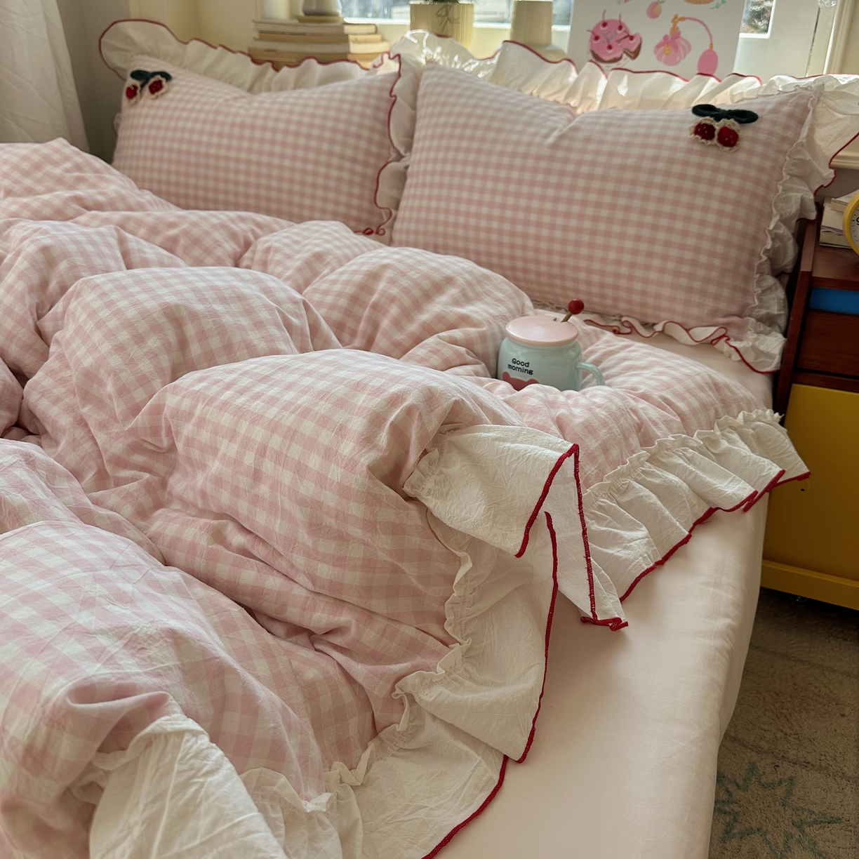 91家纺网 家纺一手货源 找家纺 （总）首尔家纺 2026新款全棉色织水洗棉四件套花边款小红书ins风-樱桃可露丽