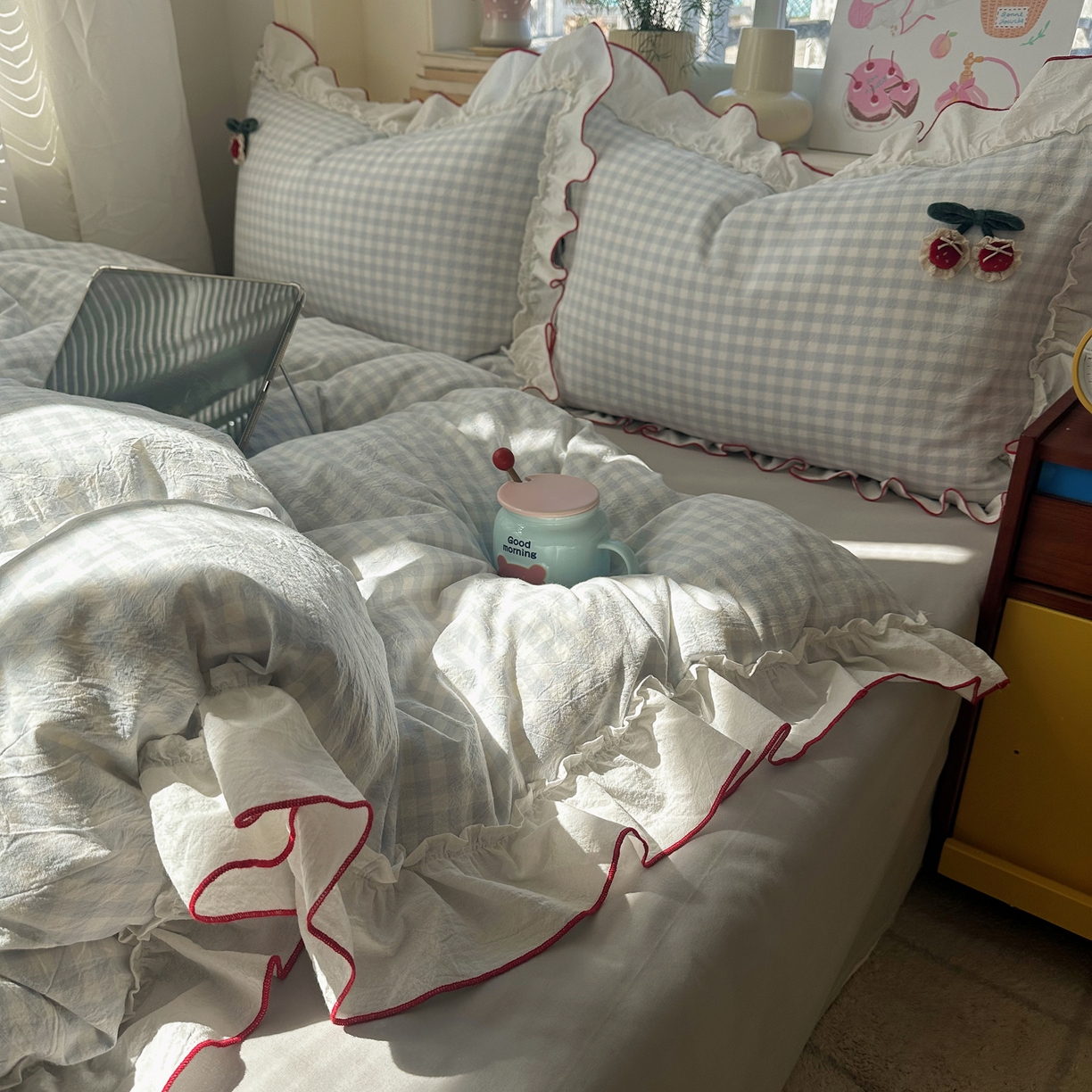 91家纺网 家纺一手货源 找家纺 （总）首尔家纺 2026新款全棉色织水洗棉四件套花边款小红书ins风-樱桃可露丽