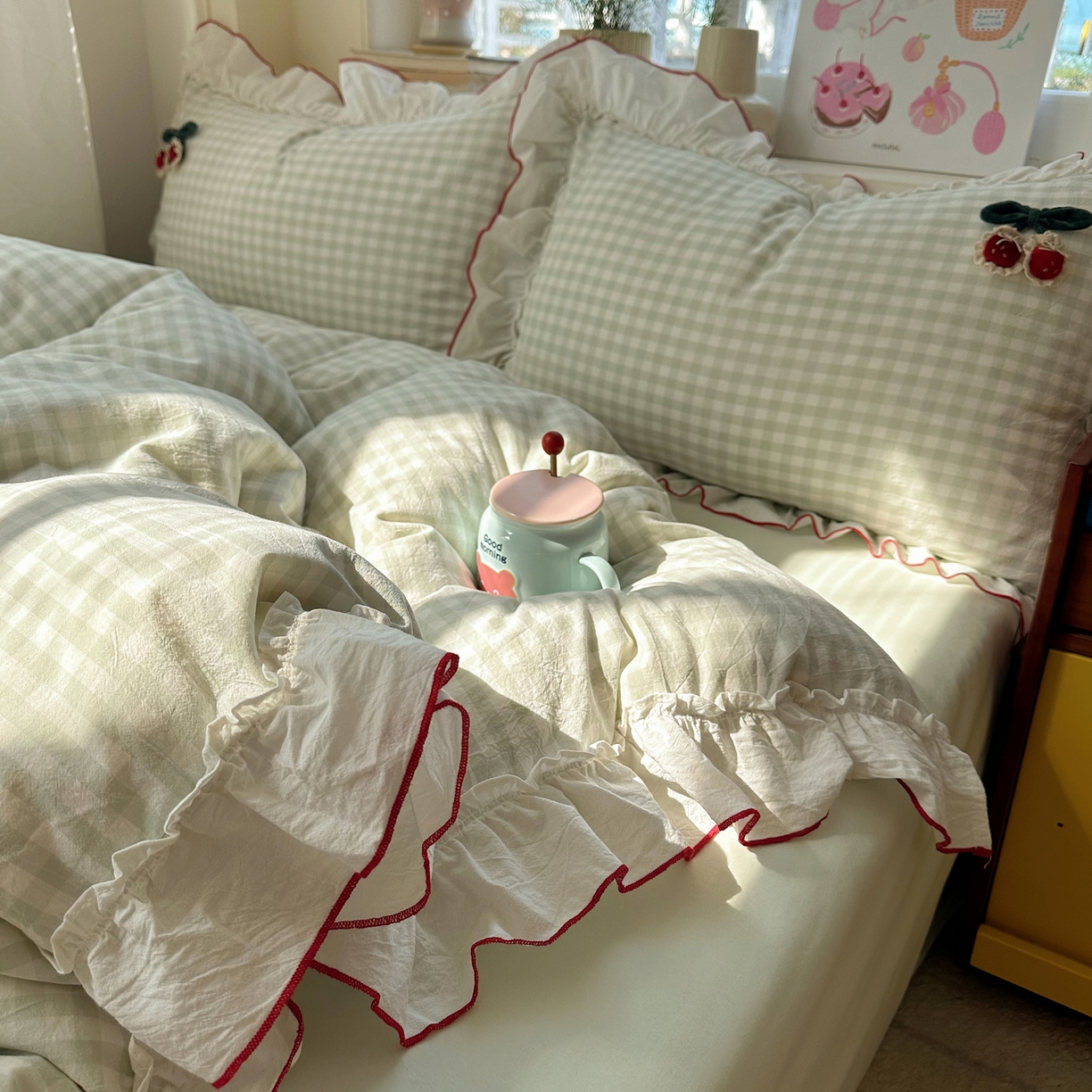 91家纺网 家纺一手货源 找家纺 （总）首尔家纺 2026新款全棉色织水洗棉四件套花边款小红书ins风-樱桃可露丽