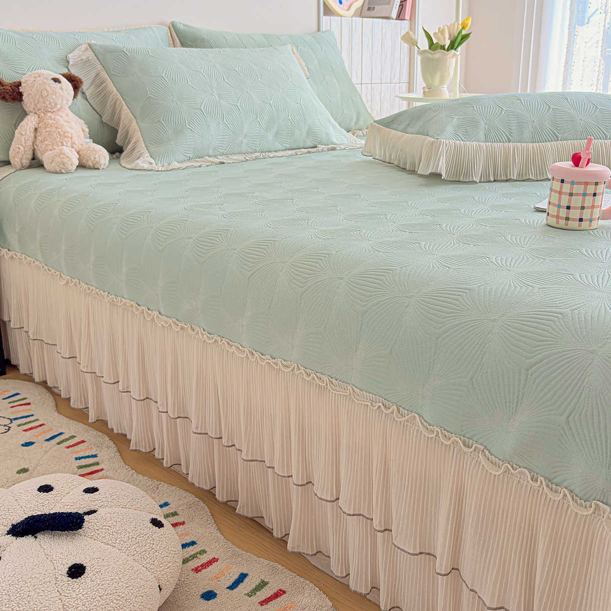 91家纺网 家纺一手货源 找家纺 暖芯家纺 2026新款凉感丝网纱凉席夏被夏凉被空调被四件套 轻梦瑶-抹茶绿