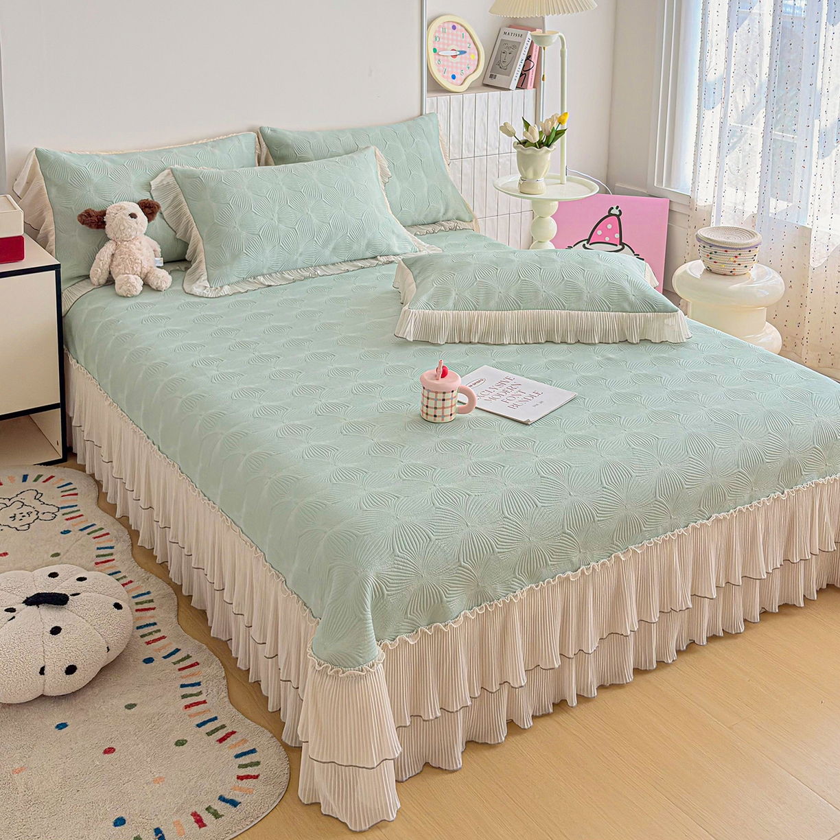 91家纺网 家纺一手货源 找家纺 暖芯家纺 2026新款凉感丝网纱凉席夏被夏凉被空调被四件套 轻梦瑶-抹茶绿