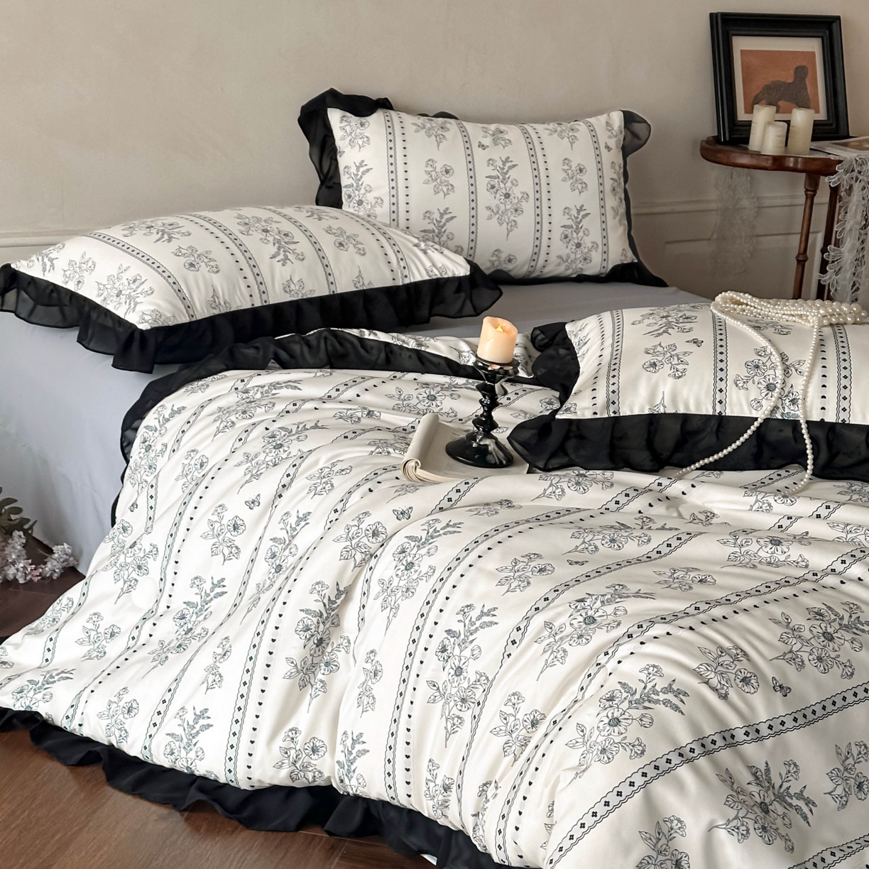 91家纺网 家纺一手货源 找家纺 ab家纺 2026新款法式复古印花水洗棉夏被四件套 巴黎西亚