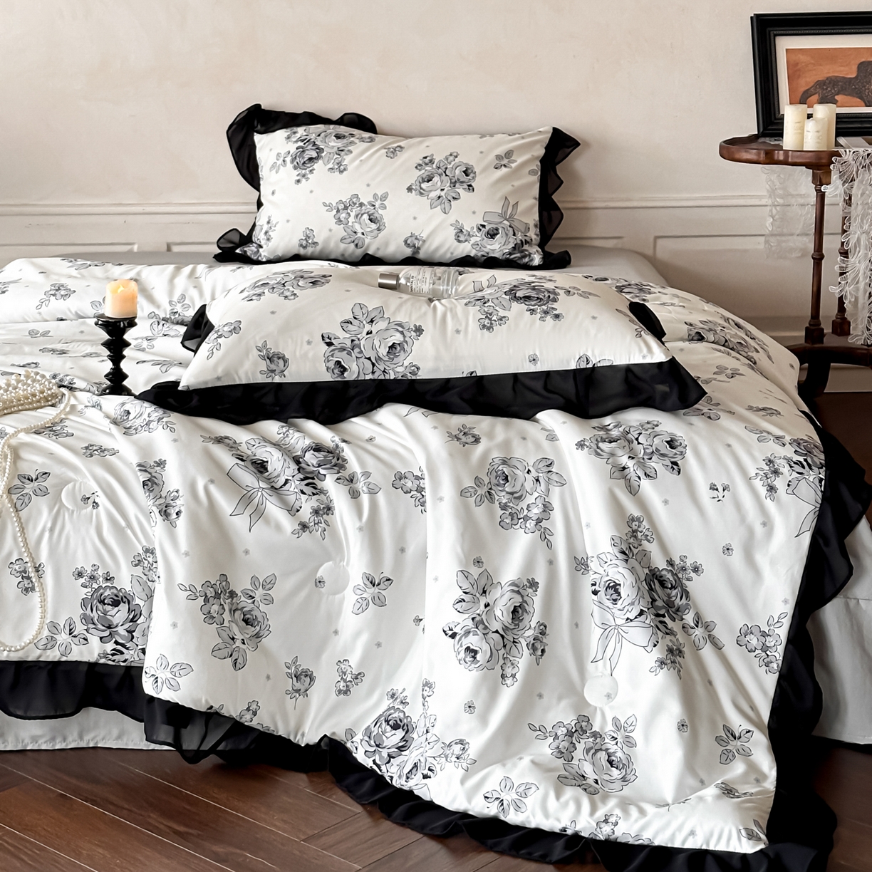 91家纺网 家纺一手货源 找家纺 ab家纺 2026新款法式复古印花水洗棉夏被四件套 月栖