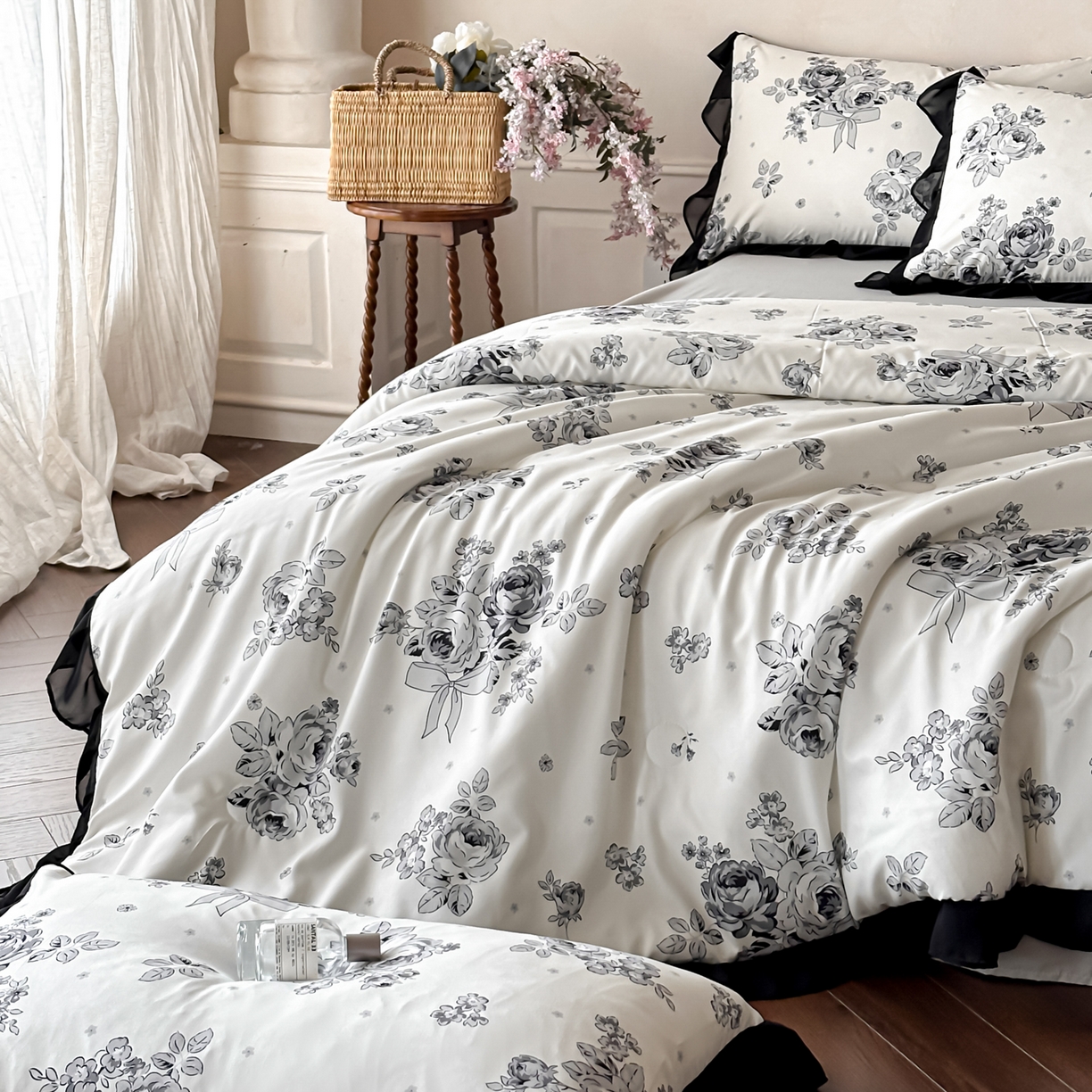 91家纺网 家纺一手货源 找家纺 ab家纺 2026新款法式复古印花水洗棉夏被四件套 月栖