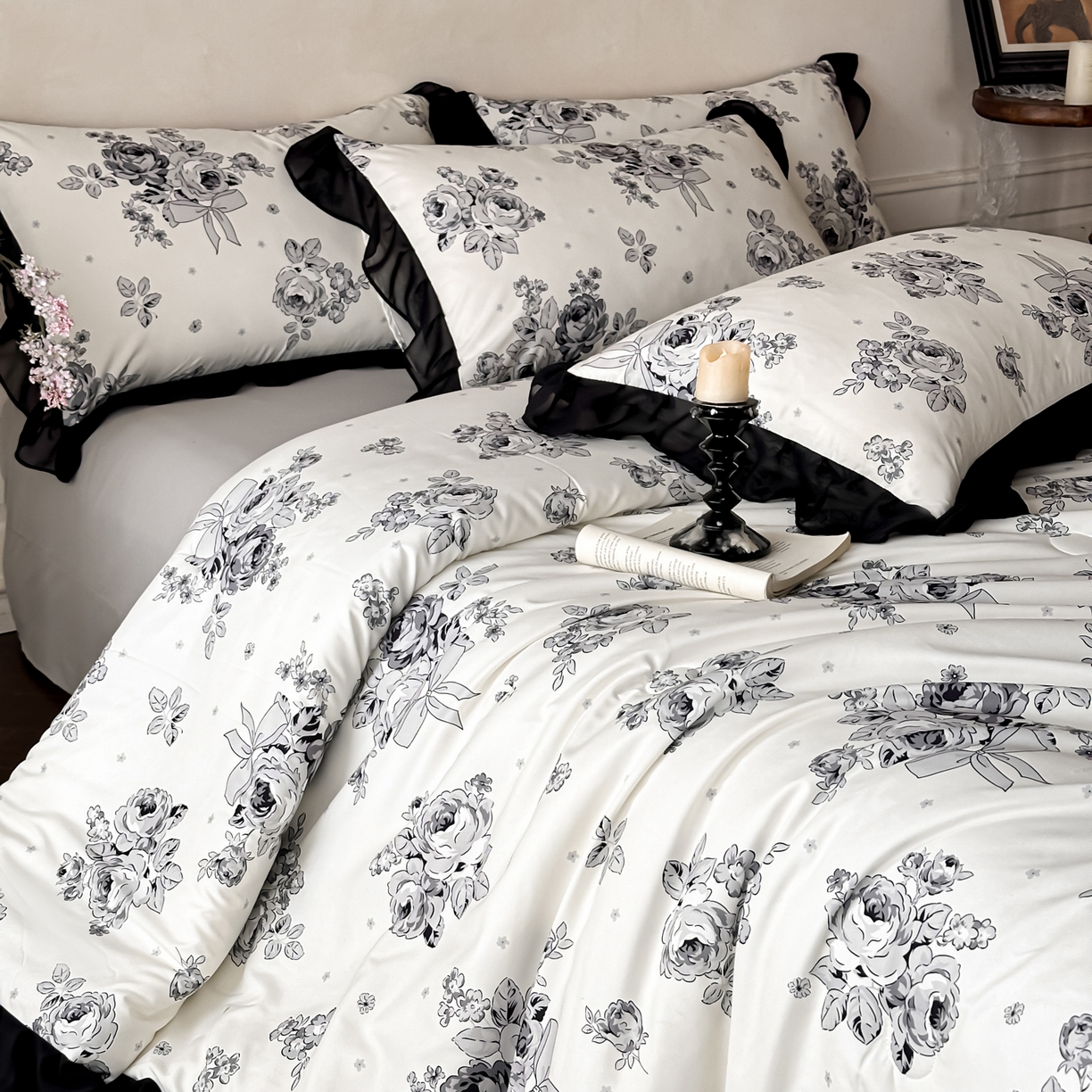 91家纺网 家纺一手货源 找家纺 ab家纺 2026新款法式复古印花水洗棉夏被四件套 月栖