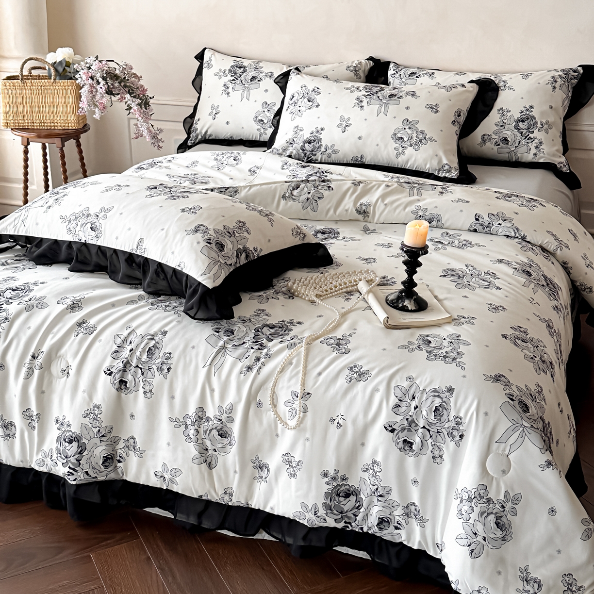 91家纺网 家纺一手货源 找家纺 ab家纺 2026新款法式复古印花水洗棉夏被四件套 月栖