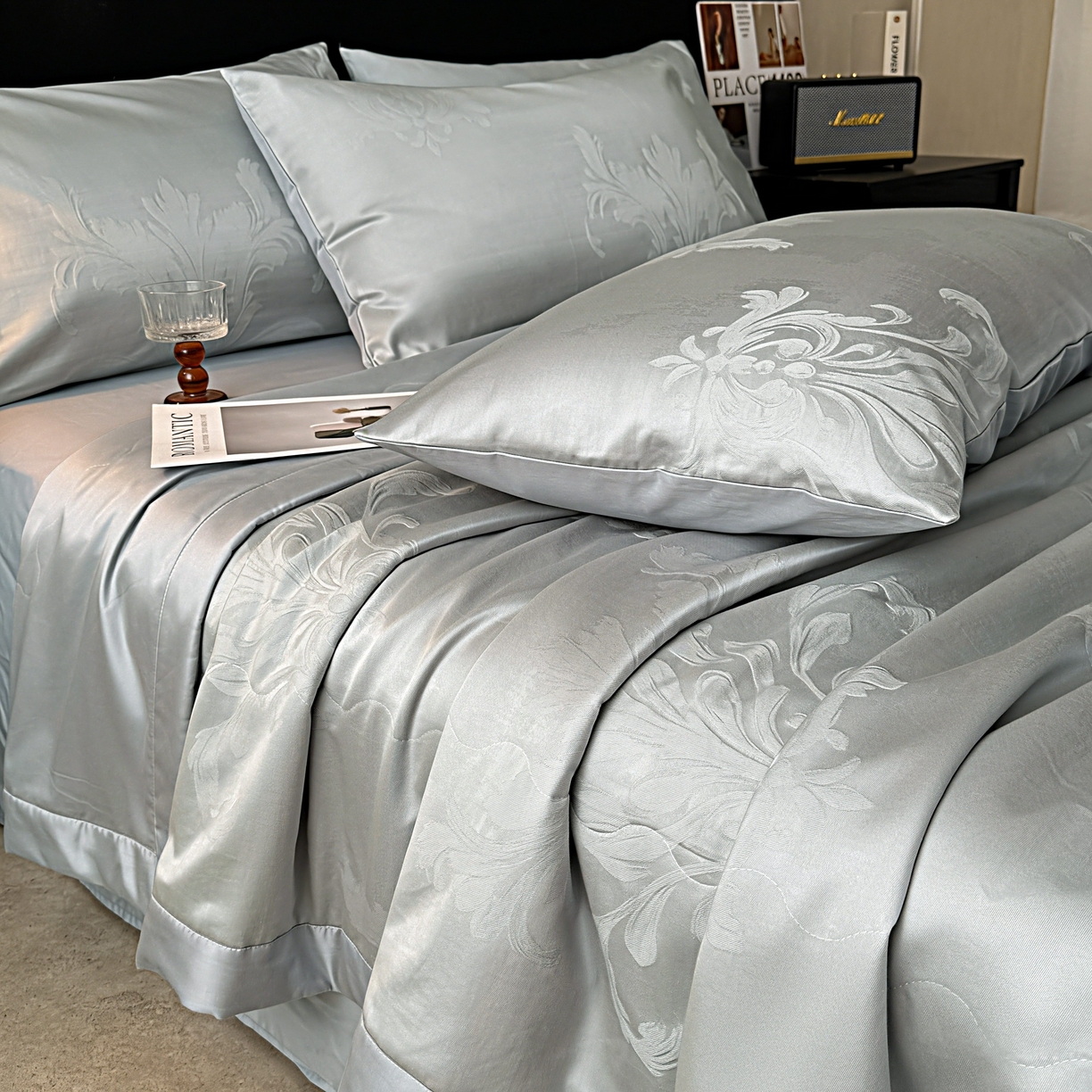 91家纺网 家纺一手货源 找家纺 乐家毛巾被（工厂自产自销） 2026春夏新款全棉60S长绒棉立体厚织提花整张棉花夏被四件套单夏被枕套夏凉被空 残影