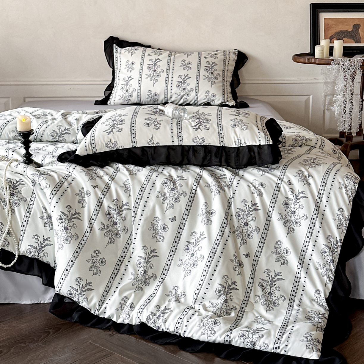 91家纺网 家纺一手货源 找家纺 ab家纺 2026新款法式复古印花水洗棉夏被四件套 巴黎西亚