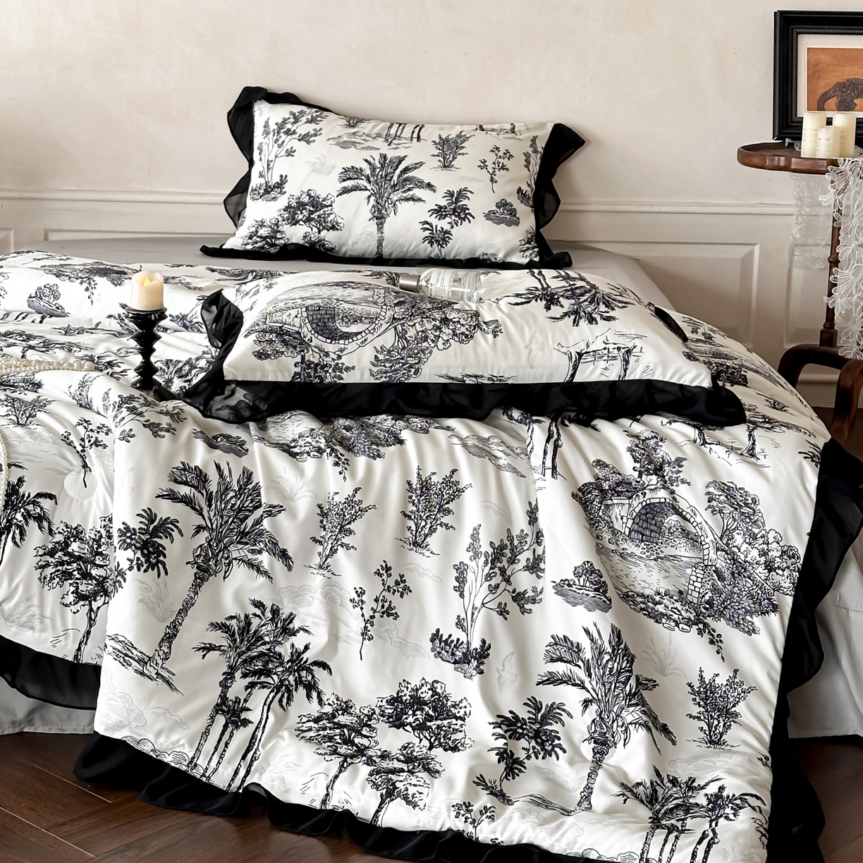 91家纺网 家纺一手货源 找家纺 ab家纺 2026新款法式复古印花水洗棉夏被四件套 莫尔花园