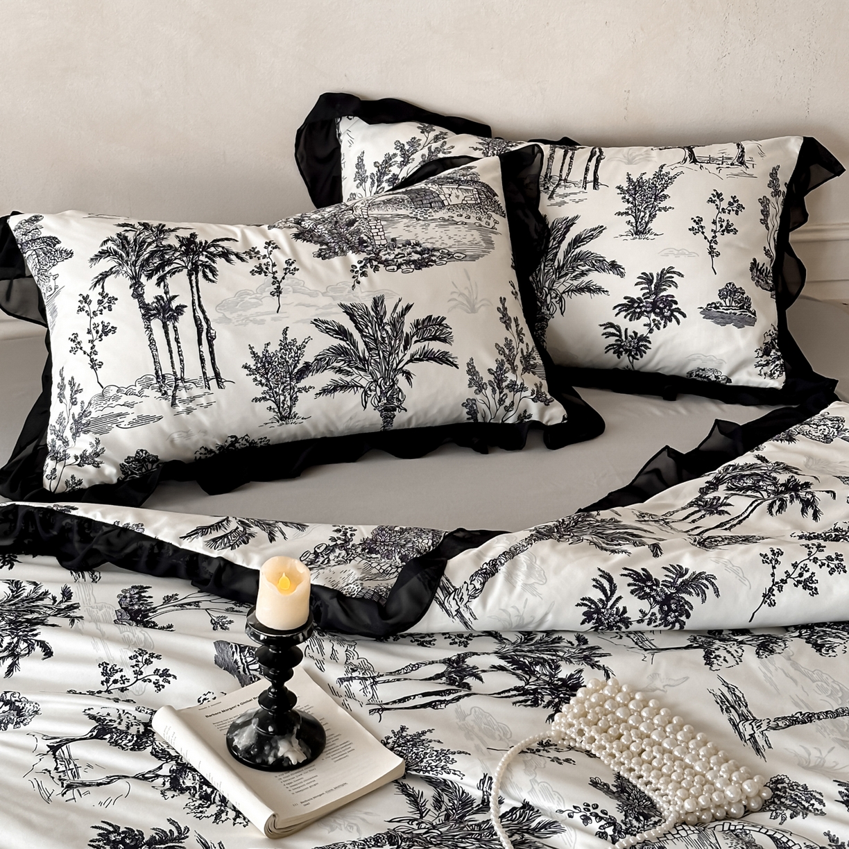 91家纺网 家纺一手货源 找家纺 ab家纺 2026新款法式复古印花水洗棉夏被四件套 莫尔花园