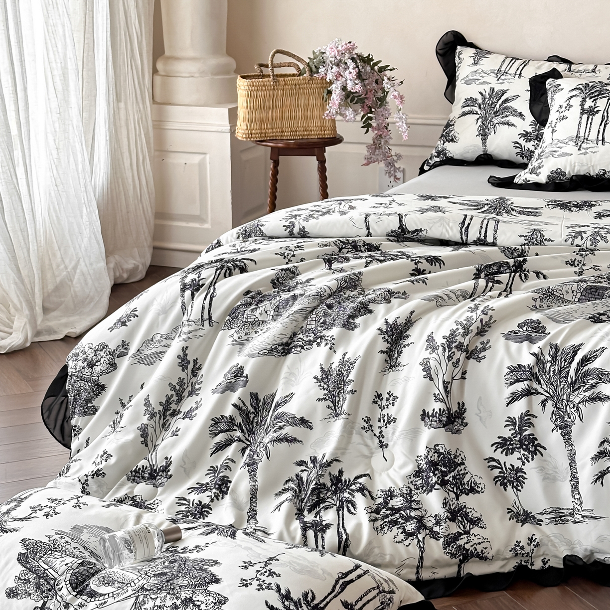 91家纺网 家纺一手货源 找家纺 ab家纺 2026新款法式复古印花水洗棉夏被四件套 莫尔花园