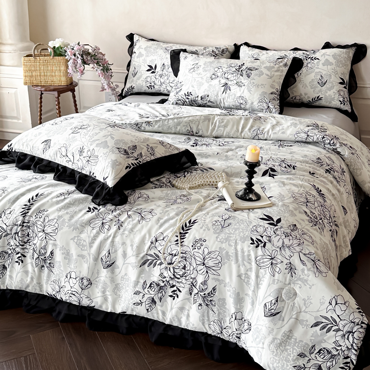 91家纺网 家纺一手货源 找家纺 ab家纺 2026新款法式复古印花水洗棉夏被四件套 茉莉庄园