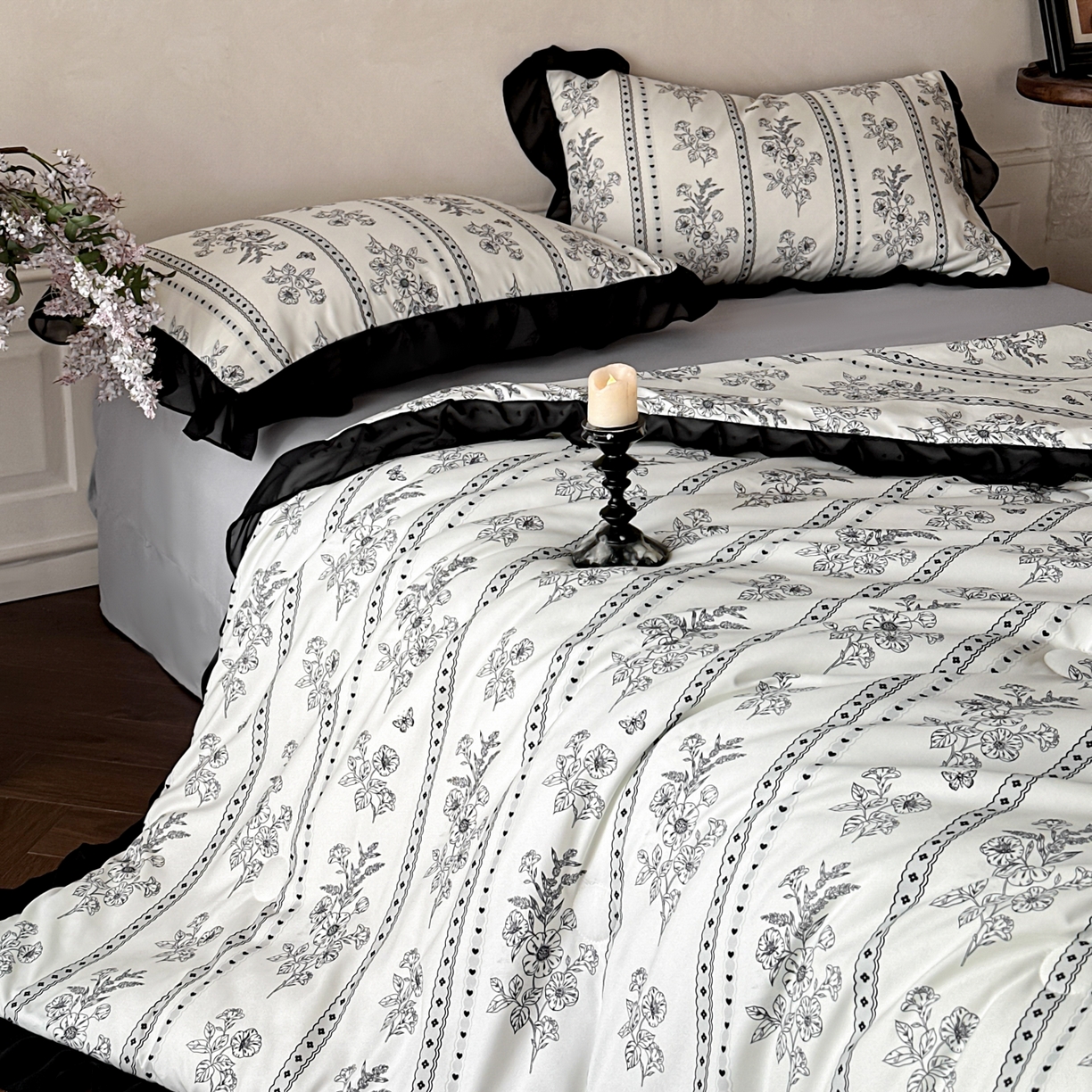 91家纺网 家纺一手货源 找家纺 ab家纺 2026新款法式复古印花水洗棉夏被四件套 巴黎西亚