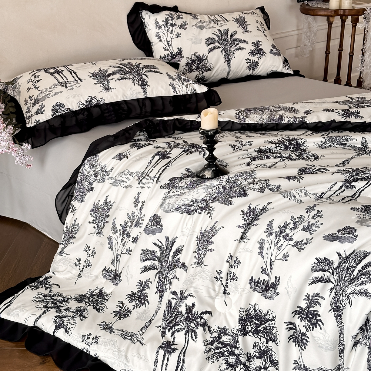 91家纺网 家纺一手货源 找家纺 ab家纺 2026新款法式复古印花水洗棉夏被四件套 莫尔花园