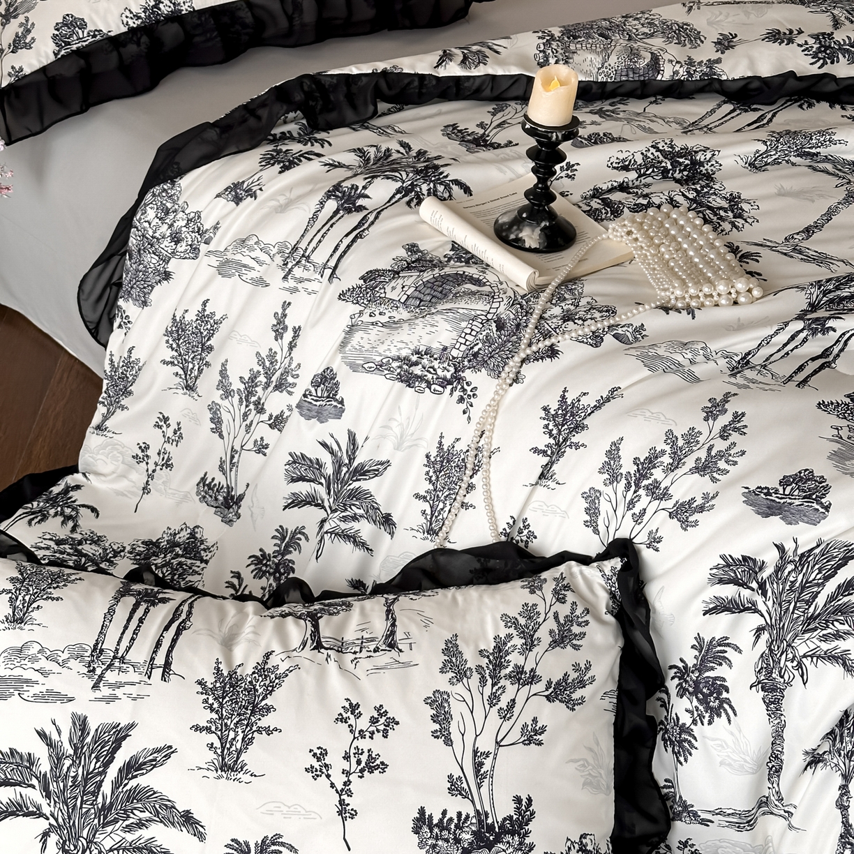 91家纺网 家纺一手货源 找家纺 ab家纺 2026新款法式复古印花水洗棉夏被四件套 莫尔花园