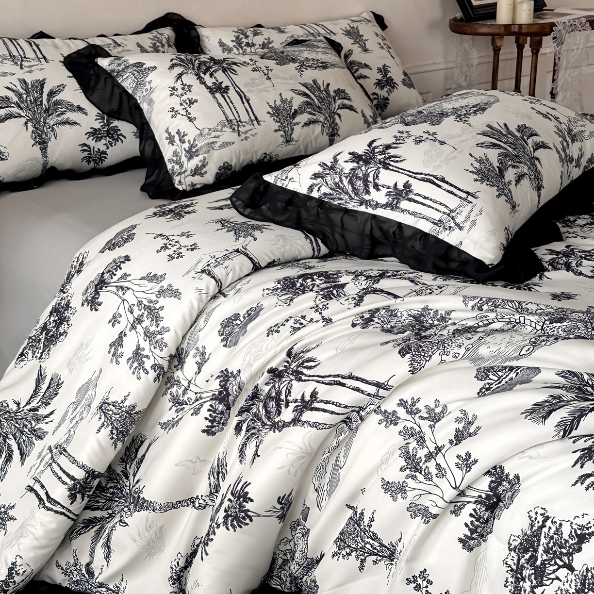 91家纺网 家纺一手货源 找家纺 ab家纺 2026新款法式复古印花水洗棉夏被四件套 莫尔花园