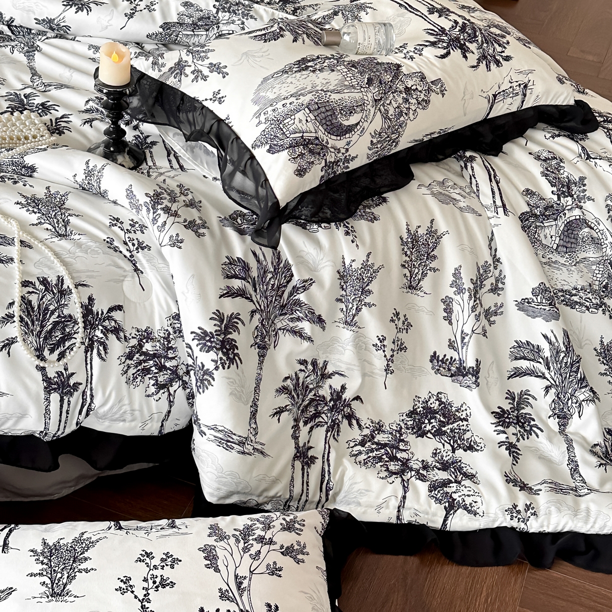 91家纺网 家纺一手货源 找家纺 ab家纺 2026新款法式复古印花水洗棉夏被四件套 莫尔花园