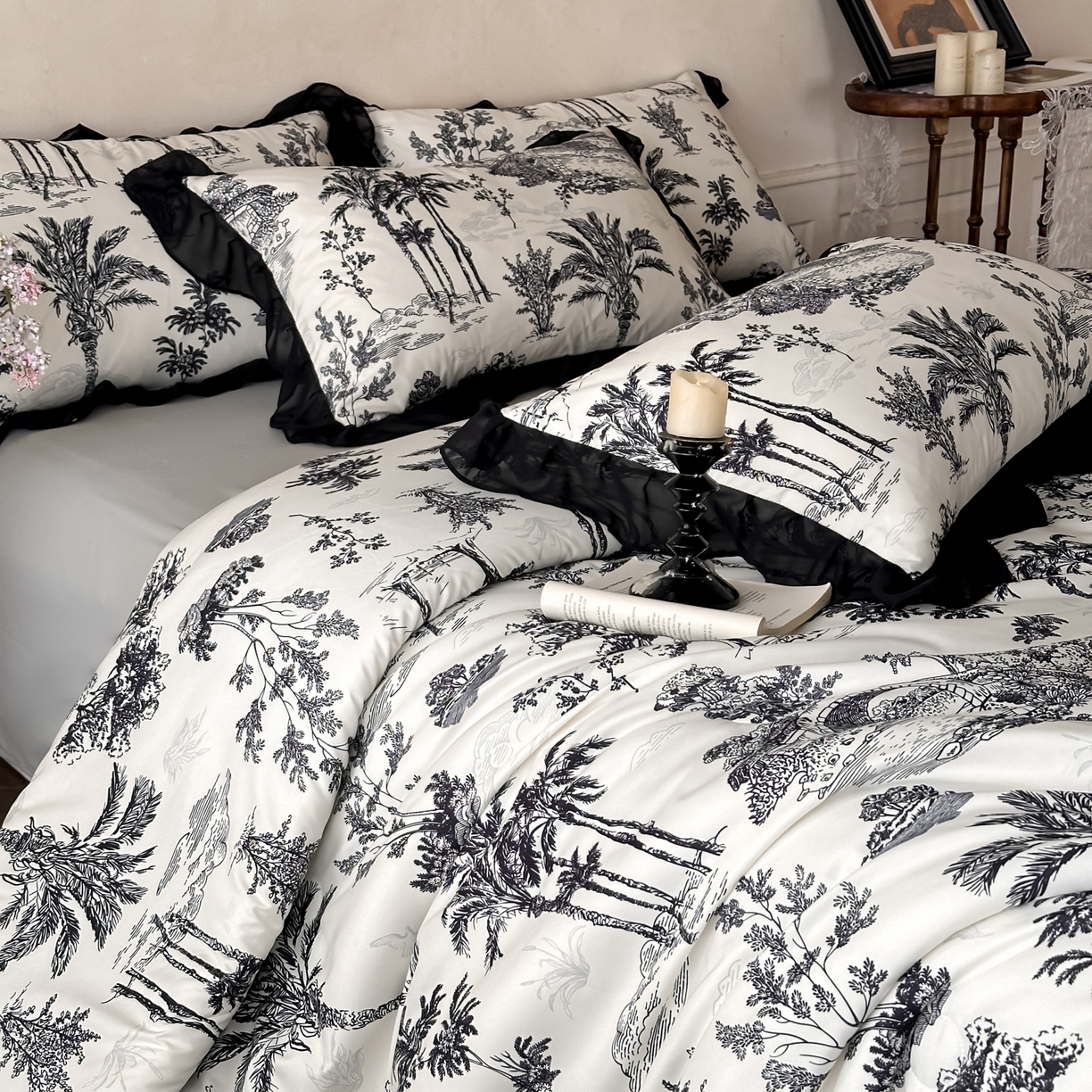 91家纺网 家纺一手货源 找家纺 ab家纺 2026新款法式复古印花水洗棉夏被四件套 莫尔花园