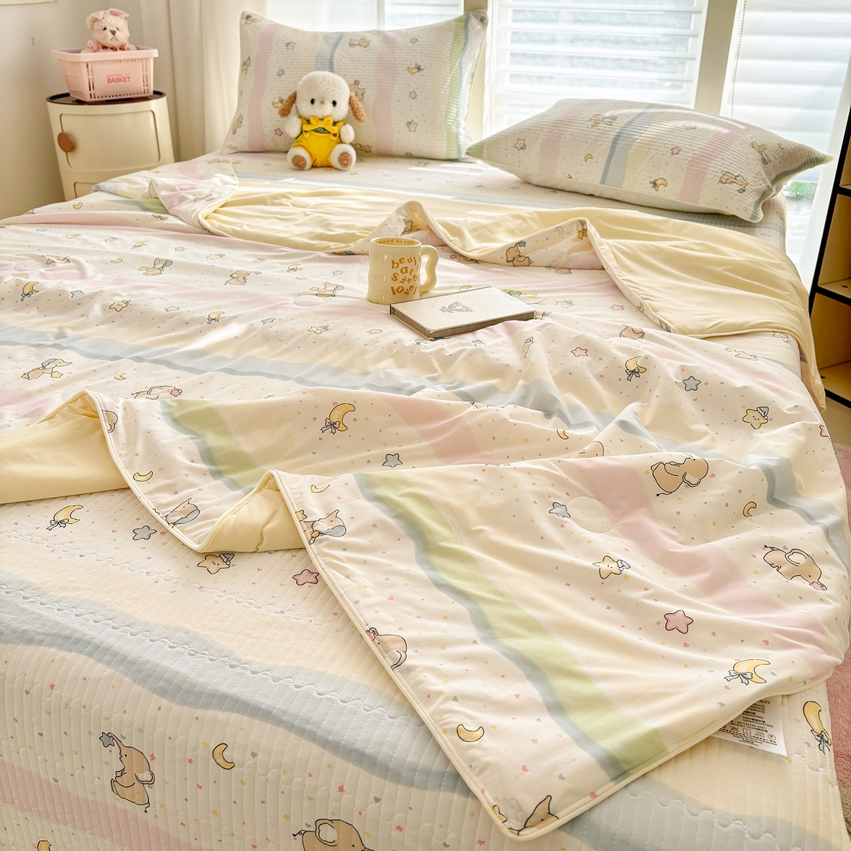 91家纺网 家纺一手货源 找家纺 优悦生活馆 2026新款麻绳款锦氨凉感丝夏被 彩条小象