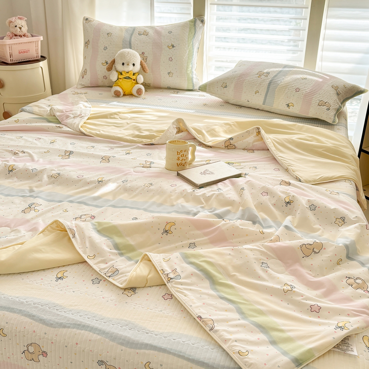 91家纺网 家纺一手货源 找家纺 优悦生活馆 2026新款麻绳款锦氨凉感丝夏被 彩条小象