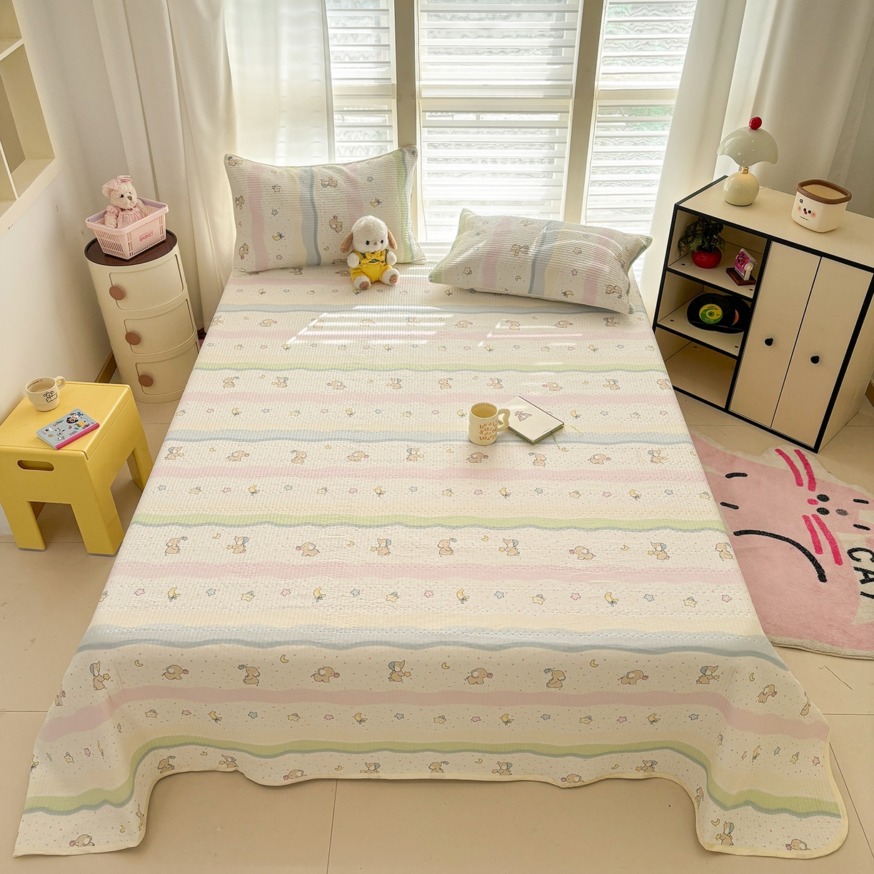 91家纺网 家纺一手货源 找家纺 优悦生活馆 2026新款麻绳款锦氨凉感丝夏被 彩条小象