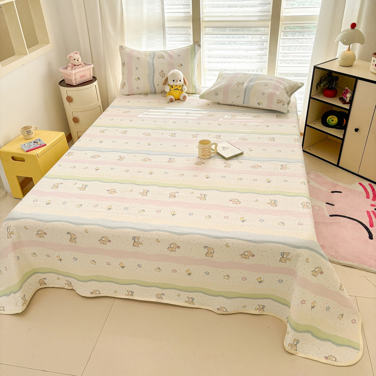 91家纺网 家纺一手货源 找家纺 优悦生活馆 2026新款麻绳款锦氨凉感丝夏被 彩条小象